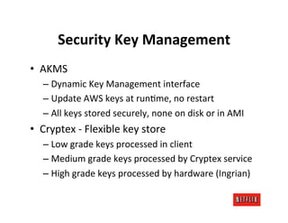 Security	
  Key	
  Management	
  
•  AKMS	
  
    –  Dynamic	
  Key	
  Management	
  interface	
  
    –  Update	
  AWS	
 ...