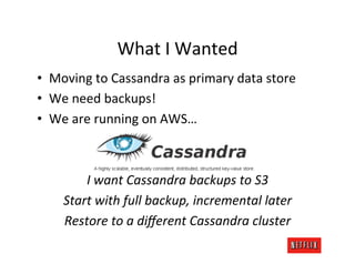 What	
  I	
  Wanted	
  
•  Moving	
  to	
  Cassandra	
  as	
  primary	
  data	
  store	
  
•  We	
  need	
  backups!	
  
•...
