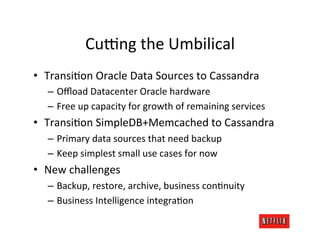Cufng	
  the	
  Umbilical	
  
•  TransiMon	
  Oracle	
  Data	
  Sources	
  to	
  Cassandra	
  
    –  Oﬄoad	
  Datacenter	...