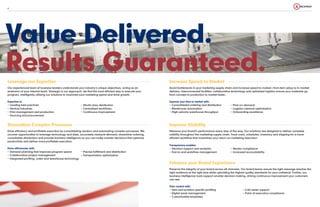 4
Leverage our Expertise
Our experienced team of business leaders understands your industry’s unique objectives, acting as an
extension of your internal team. Strategic in our approach, we find the most efficient way to execute your
program, intelligently utilizing our solutions to maximize your marketing spend and drive growth.
Expertise in:
–– Leading best practices
–– Vertical industries
–– Print management and production
–– Sourcing and procurement
Value Delivered.
Results Guaranteed.
–– World-class distribution
–– Centralized workflows
–– Continuous improvement
Streamline Complex Processes
Drive efficiency and profitable execution by consolidating vendors and automating complex processes. We
uncover opportunities to leverage technology and data, accurately measure demand, streamline ordering,
consolidate distribution and provide business intelligence so you can make smarter decisions that optimize
productivity and deliver more profitable execution.
Drive efficiencies with:
–– Demand planning that improves program spend
–– Collaborative project management
–– Integrated profiling, order and warehouse technology
–– Precise fulfillment and distribution
–– Transportation optimization
Increase Speed to Market
Avoid bottlenecks in your marketing supply chain and increase speed to market­—from item setup to in-market
delivery. Interconnected facilities, collaborative technology and optimized logistics ensure your materials go
from concept to production to market faster.
Improve your time to market with:
–– Consolidated ordering and distribution
–– Warehouse automation
–– High-velocity warehouse throughput
–– Print-on-demand
–– Logistics network optimization
–– Onboarding excellence
Enhance your Brand Experience
Preserve the integrity of your brand across all channels. Our brand teams ensure the right message reaches the
right audience at the right time while upholding the highest quality standards for your collateral. Further, our
business intelligence tools support smarter decision making, driving continuous improvement your customers
can see.
Gain control with:
–– Item and location specific profiling
–– Digital asset management
–– Customizable templates
–– Call center support
–– Point-of-execution compliance
Improve Visibility
Measure your brand’s performance every step of the way. Our solutions are designed to deliver complete
visibility throughout the marketing supply chain. Track costs, schedules, inventory and shipping for a more
efficient workflow that maximizes your return on marketing execution.
Transparency enables:
–– Decision support and analytics
–– End-to-end workflow management
–– Vendor compliance
–– Increased accountability
 
