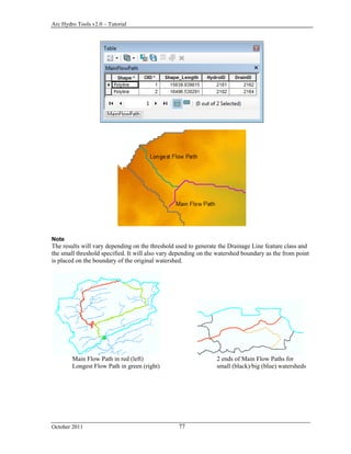 Arc Hydro Tools v2.0 – Tutorial
October 2011 77
Note
The results will vary depending on the threshold used to generate the Drainage Line feature class and
the small threshold specified. It will also vary depending on the watershed boundary as the from point
is placed on the boundary of the original watershed.
Main Flow Path in red (left) 2 ends of Main Flow Paths for
Longest Flow Path in green (right) small (black)/big (blue) watersheds
 