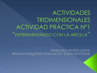 ACTIVIDADES TRIDIMENSIONALESACTIVIDAD PRÁCTICA Nº1“EXPERIMENTANDO CON LA ARCILLA” Alejandra Muñoz Lema Alumna Magisterio Educación Especial Online 