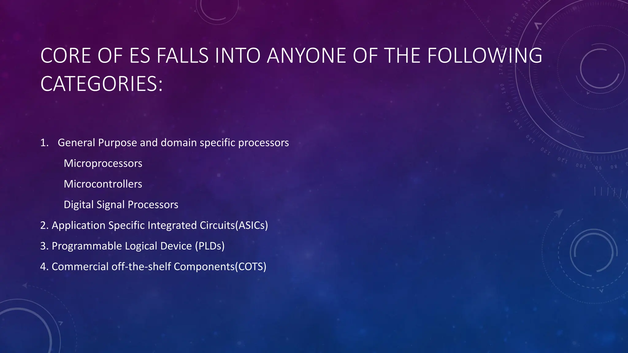 CORE OF ES FALLS INTO ANYONE OF THE FOLLOWING
CATEGORIES:
1. General Purpose and domain specific processors
Microprocessors
Microcontrollers
Digital Signal Processors
2. Application Specific Integrated Circuits(ASICs)
3. Programmable Logical Device (PLDs)
4. Commercial off-the-shelf Components(COTS)
 