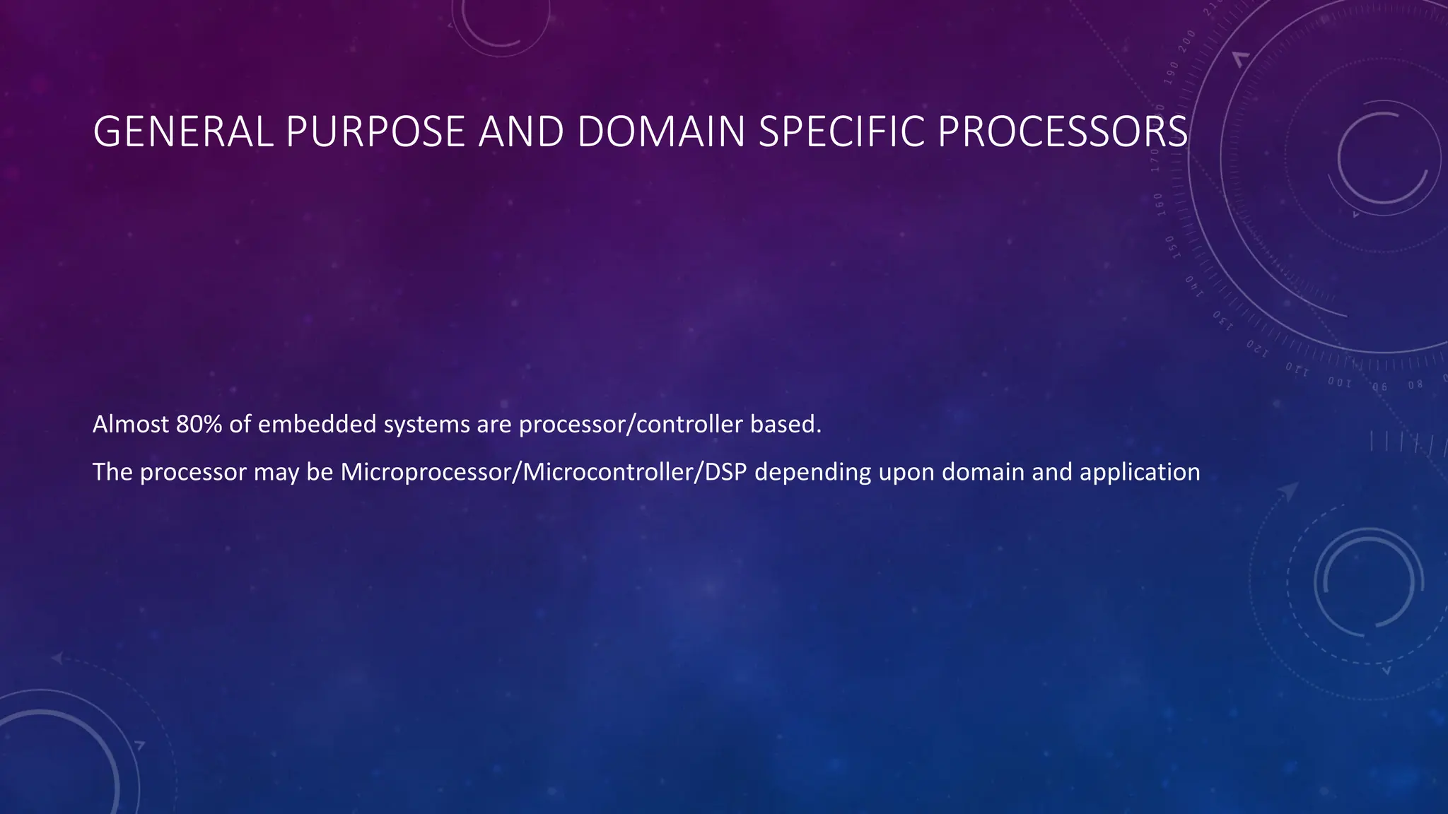 GENERAL PURPOSE AND DOMAIN SPECIFIC PROCESSORS
Almost 80% of embedded systems are processor/controller based.
The processor may be Microprocessor/Microcontroller/DSP depending upon domain and application
 