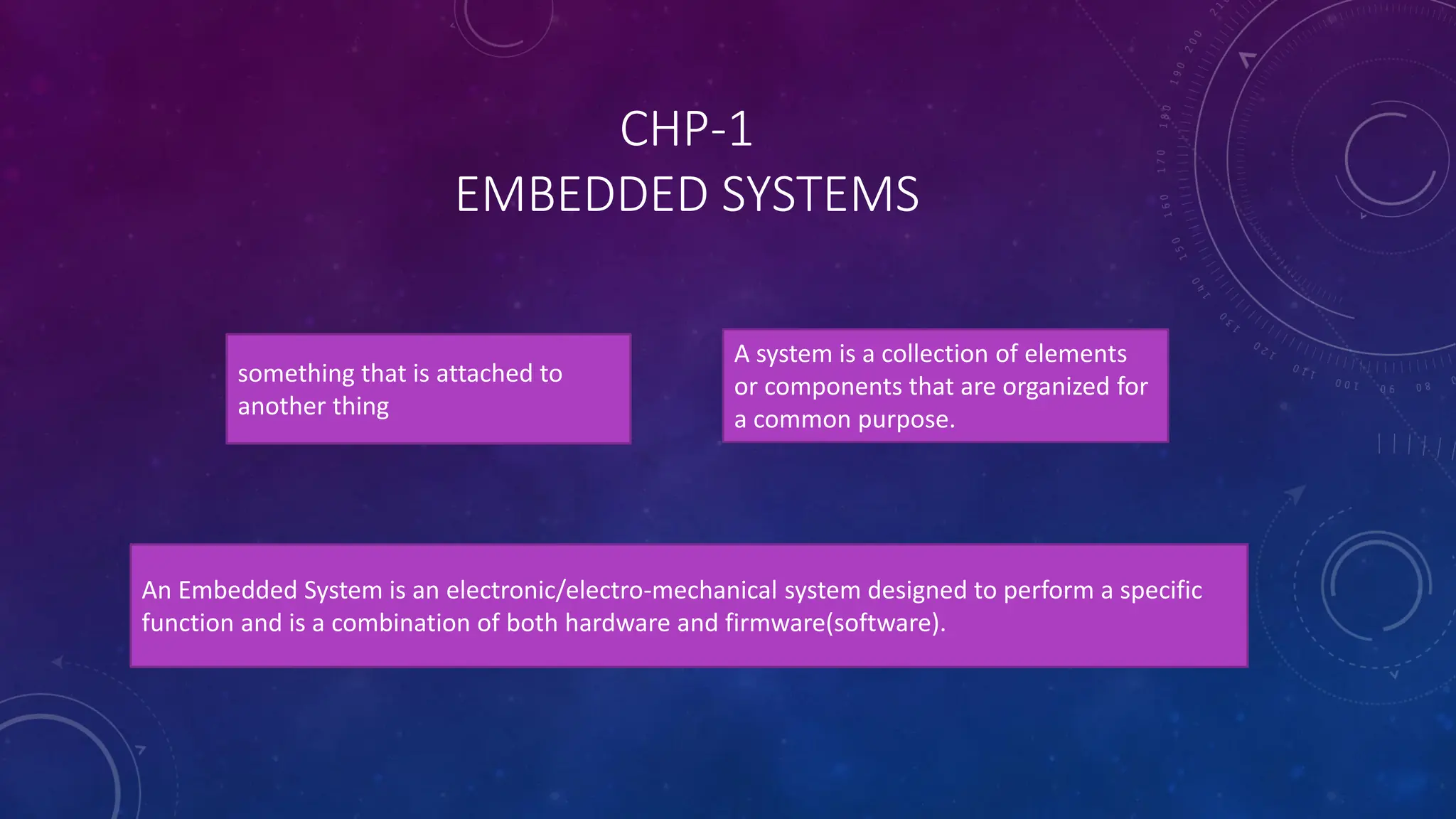 CHP-1
EMBEDDED SYSTEMS
something that is attached to
another thing
A system is a collection of elements
or components that are organized for
a common purpose.
An Embedded System is an electronic/electro-mechanical system designed to perform a specific
function and is a combination of both hardware and firmware(software).
 