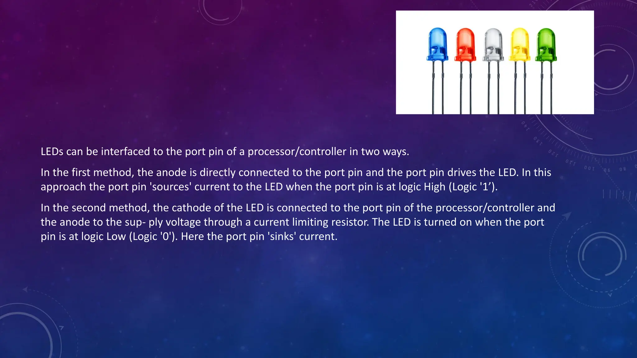LEDs can be interfaced to the port pin of a processor/controller in two ways.
In the first method, the anode is directly connected to the port pin and the port pin drives the LED. In this
approach the port pin 'sources' current to the LED when the port pin is at logic High (Logic '1’).
In the second method, the cathode of the LED is connected to the port pin of the processor/controller and
the anode to the sup- ply voltage through a current limiting resistor. The LED is turned on when the port
pin is at logic Low (Logic '0'). Here the port pin 'sinks' current.
 