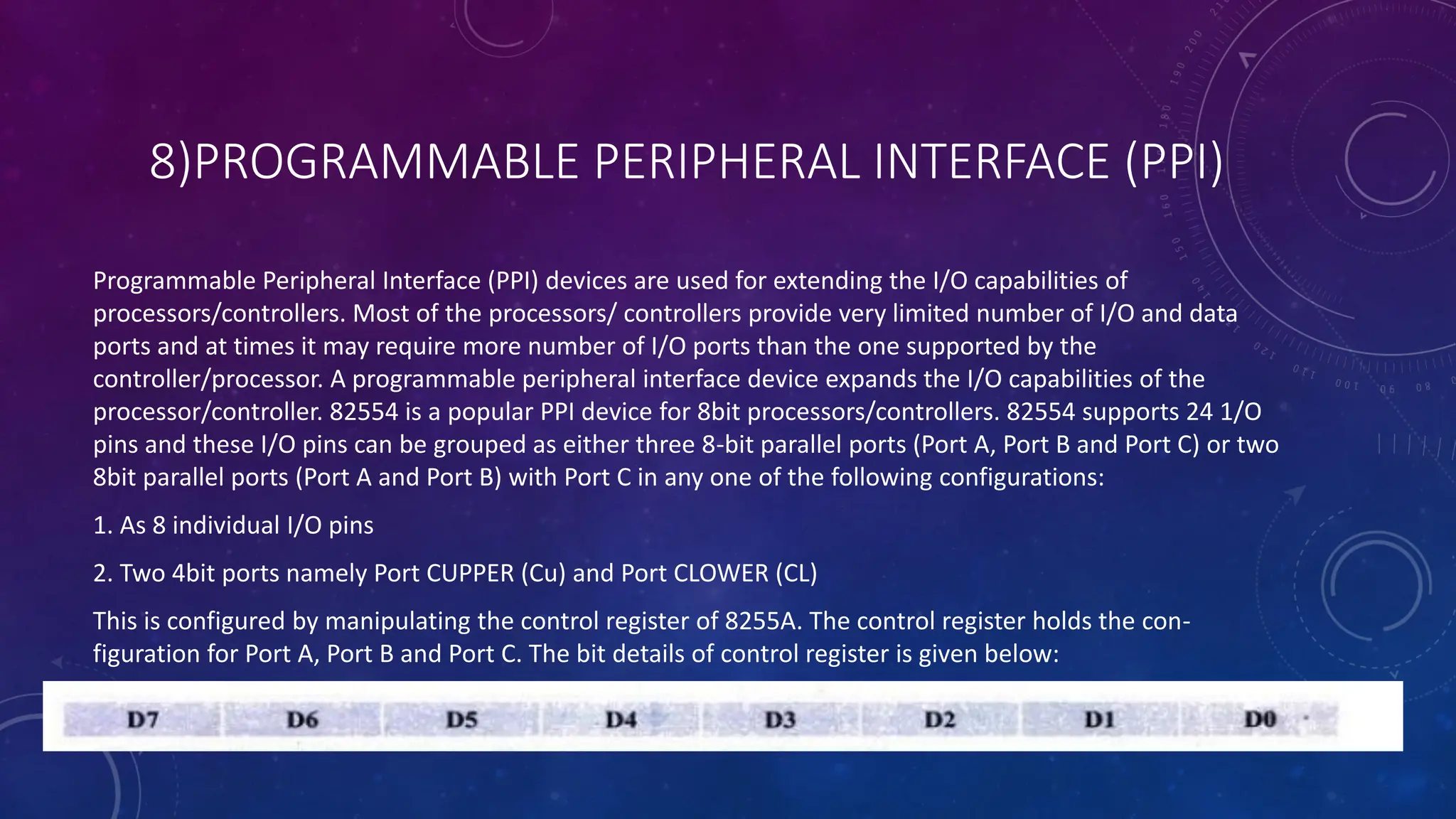 8)PROGRAMMABLE PERIPHERAL INTERFACE (PPI)
Programmable Peripheral Interface (PPI) devices are used for extending the I/O capabilities of
processors/controllers. Most of the processors/ controllers provide very limited number of I/O and data
ports and at times it may require more number of I/O ports than the one supported by the
controller/processor. A programmable peripheral interface device expands the I/O capabilities of the
processor/controller. 82554 is a popular PPI device for 8bit processors/controllers. 82554 supports 24 1/O
pins and these I/O pins can be grouped as either three 8-bit parallel ports (Port A, Port B and Port C) or two
8bit parallel ports (Port A and Port B) with Port C in any one of the following configurations:
1. As 8 individual I/O pins
2. Two 4bit ports namely Port CUPPER (Cu) and Port CLOWER (CL)
This is configured by manipulating the control register of 8255A. The control register holds the con-
figuration for Port A, Port B and Port C. The bit details of control register is given below:
 
