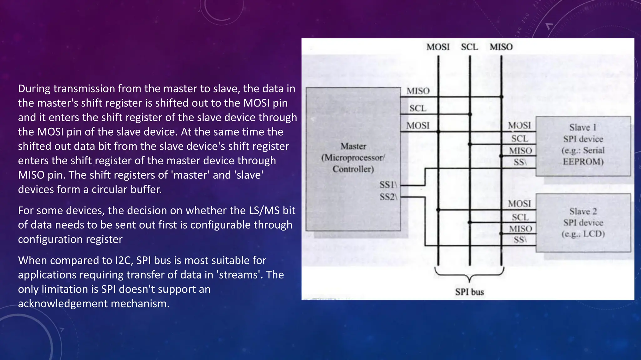 During transmission from the master to slave, the data in
the master's shift register is shifted out to the MOSI pin
and it enters the shift register of the slave device through
the MOSI pin of the slave device. At the same time the
shifted out data bit from the slave device's shift register
enters the shift register of the master device through
MISO pin. The shift registers of 'master' and 'slave'
devices form a circular buffer.
For some devices, the decision on whether the LS/MS bit
of data needs to be sent out first is configurable through
configuration register
When compared to I2C, SPI bus is most suitable for
applications requiring transfer of data in 'streams'. The
only limitation is SPI doesn't support an
acknowledgement mechanism.
 