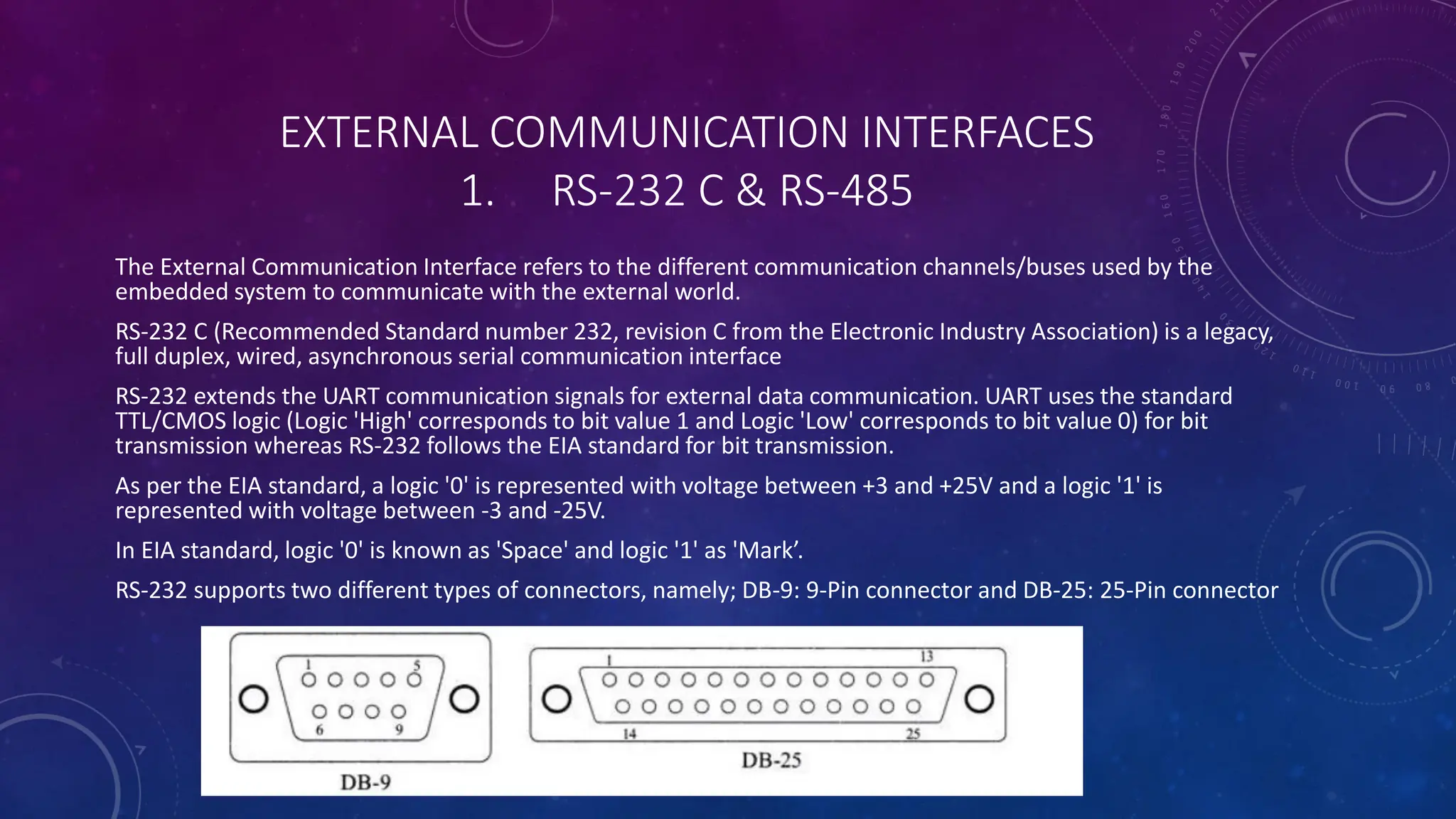 EXTERNAL COMMUNICATION INTERFACES
1. RS-232 C & RS-485
The External Communication Interface refers to the different communication channels/buses used by the
embedded system to communicate with the external world.
RS-232 C (Recommended Standard number 232, revision C from the Electronic Industry Association) is a legacy,
full duplex, wired, asynchronous serial communication interface
RS-232 extends the UART communication signals for external data communication. UART uses the standard
TTL/CMOS logic (Logic 'High' corresponds to bit value 1 and Logic 'Low' corresponds to bit value 0) for bit
transmission whereas RS-232 follows the EIA standard for bit transmission.
As per the EIA standard, a logic '0' is represented with voltage between +3 and +25V and a logic '1' is
represented with voltage between -3 and -25V.
In EIA standard, logic '0' is known as 'Space' and logic '1' as 'Mark’.
RS-232 supports two different types of connectors, namely; DB-9: 9-Pin connector and DB-25: 25-Pin connector
 