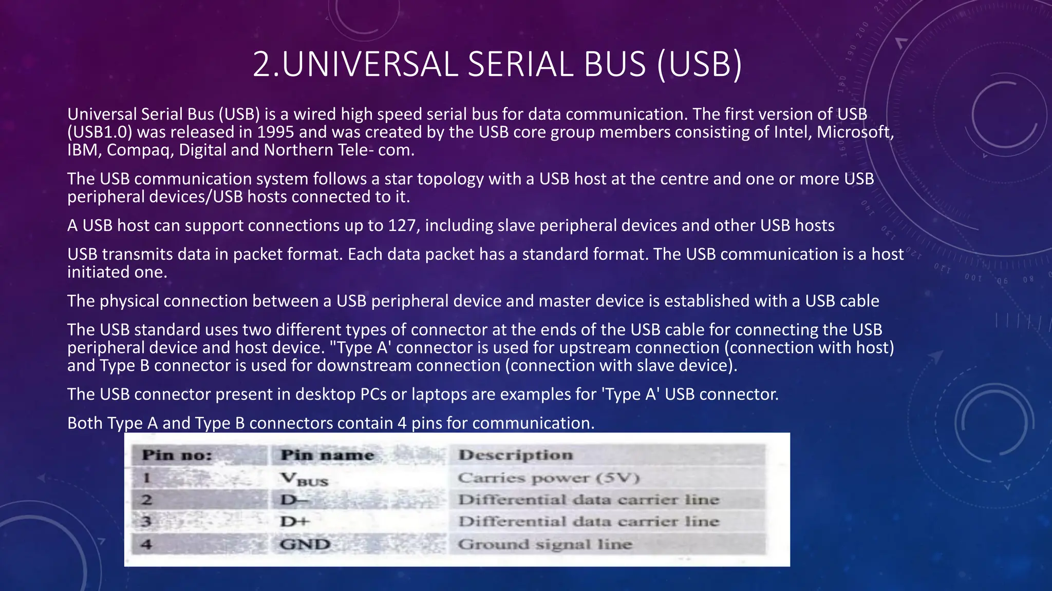 2.UNIVERSAL SERIAL BUS (USB)
Universal Serial Bus (USB) is a wired high speed serial bus for data communication. The first version of USB
(USB1.0) was released in 1995 and was created by the USB core group members consisting of Intel, Microsoft,
IBM, Compaq, Digital and Northern Tele- com.
The USB communication system follows a star topology with a USB host at the centre and one or more USB
peripheral devices/USB hosts connected to it.
A USB host can support connections up to 127, including slave peripheral devices and other USB hosts
USB transmits data in packet format. Each data packet has a standard format. The USB communication is a host
initiated one.
The physical connection between a USB peripheral device and master device is established with a USB cable
The USB standard uses two different types of connector at the ends of the USB cable for connecting the USB
peripheral device and host device. "Type A' connector is used for upstream connection (connection with host)
and Type B connector is used for downstream connection (connection with slave device).
The USB connector present in desktop PCs or laptops are examples for 'Type A' USB connector.
Both Type A and Type B connectors contain 4 pins for communication.
 