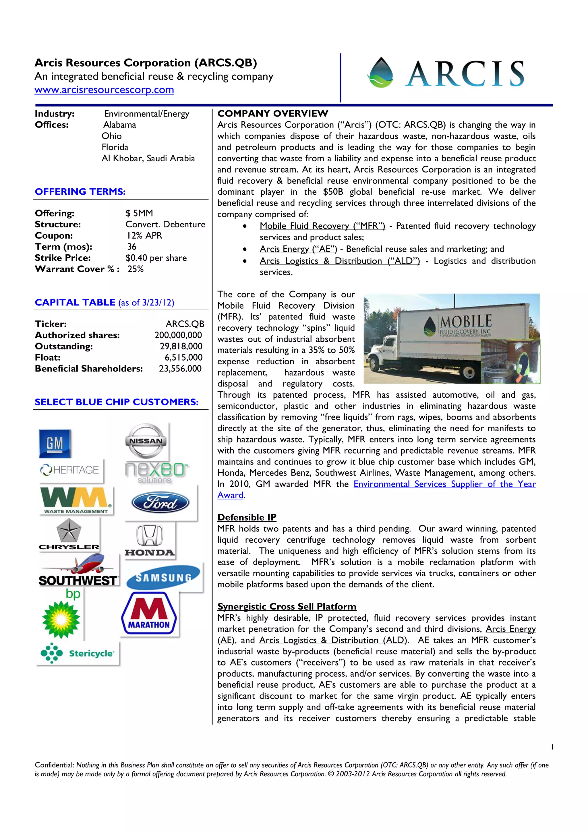Arcis Resources Corporation (ARCS.QB)
An integrated beneficial reuse & recycling company
www.arcisresourcescorp.com

Industry:               Environmental/Energy                    COMPANY OVERVIEW
Offices:               Alabama                                  Arcis Resources Corporation (“Arcis”) (OTC: ARCS.QB) is changing the way in
                       Ohio                                     which companies dispose of their hazardous waste, non-hazardous waste, oils
                       Florida                                  and petroleum products and is leading the way for those companies to begin
                       Al Khobar, Saudi Arabia                  converting that waste from a liability and expense into a beneficial reuse product
                                                                and revenue stream. At its heart, Arcis Resources Corporation is an integrated
                                                                fluid recovery & beneficial reuse environmental company positioned to be the
OFFERING TERMS:                                                 dominant player in the $50B global beneficial re-use market. We deliver
                                                                beneficial reuse and recycling services through three interrelated divisions of the
Offering:                       $ 5MM                           company comprised of:
Structure:                      Convert. Debenture                     • Mobile Fluid Recovery (“MFR”) - Patented fluid recovery technology
Coupon:                         12% APR                                     services and product sales;
Term (mos):                     36                                     • Arcis Energy (“AE”) - Beneficial reuse sales and marketing; and
Strike Price:                   $0.40 per share                        • Arcis Logistics & Distribution (“ALD”) - Logistics and distribution
Warrant Cover % :               25%                                         services.

                                                                The core of the Company is our
CAPITAL TABLE (as of 3/23/12)                                   Mobile Fluid Recovery Division
                                                                (MFR). Its’ patented fluid waste
Ticker:                                     ARCS.QB             recovery technology “spins” liquid
Authorized shares:                        200,000,000           wastes out of industrial absorbent
Outstanding:                               29,818,000           materials resulting in a 35% to 50%
Float:                                      6,515,000           expense reduction in absorbent
Beneficial Shareholders:                   23,556,000           replacement,       hazardous waste
                                                                disposal and regulatory costs.
                                                                Through its patented process, MFR has assisted automotive, oil and gas,
SELECT BLUE CHIP CUSTOMERS:                                     semiconductor, plastic and other industries in eliminating hazardous waste
                                                                classification by removing “free liquids” from rags, wipes, booms and absorbents
                                                                directly at the site of the generator, thus, eliminating the need for manifests to
                                                                ship hazardous waste. Typically, MFR enters into long term service agreements
                                                                with the customers giving MFR recurring and predictable revenue streams. MFR
                                                                maintains and continues to grow it blue chip customer base which includes GM,
                                                                Honda, Mercedes Benz, Southwest Airlines, Waste Management, among others.
                                                                In 2010, GM awarded MFR the Environmental Services Supplier of the Year
                                                                Award.

                                                                Defensible IP
                                                                MFR holds two patents and has a third pending. Our award winning, patented
                                                                liquid recovery centrifuge technology removes liquid waste from sorbent
                                                                material. The uniqueness and high efficiency of MFR’s solution stems from its
                                                                ease of deployment. MFR’s solution is a mobile reclamation platform with
                                                                versatile mounting capabilities to provide services via trucks, containers or other
                                                                mobile platforms based upon the demands of the client.

                                                                Synergistic Cross Sell Platform
                                                                MFR’s highly desirable, IP protected, fluid recovery services provides instant
                                                                market penetration for the Company’s second and third divisions, Arcis Energy
                                                                (AE), and Arcis Logistics & Distribution (ALD). AE takes an MFR customer’s
                                                                industrial waste by-products (beneficial reuse material) and sells the by-product
                                                                to AE’s customers (“receivers”) to be used as raw materials in that receiver’s
                                                                products, manufacturing process, and/or services. By converting the waste into a
                                                                beneficial reuse product, AE’s customers are able to purchase the product at a
                                                                significant discount to market for the same virgin product. AE typically enters
                                                                into long term supply and off-take agreements with its beneficial reuse material
                                                                generators and its receiver customers thereby ensuring a predictable stable

                                                                                                                                                                                         1

Confidential: Nothing in this Business Plan shall constitute an offer to sell any securities of Arcis Resources Corporation (OTC: ARCS.QB) or any other entity. Any such offer (if one
is made) may be made only by a formal offering document prepared by Arcis Resources Corporation. © 2003-2012 Arcis Resources Corporation all rights reserved.
 