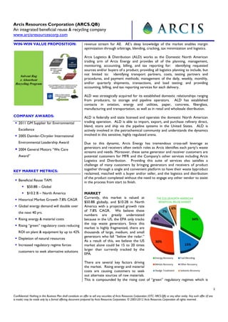 Arcis Resources Corporation (ARCS.QB)
An integrated beneficial reuse & recycling company
www.arcisresourcescorp.com

WIN-WIN VALUE PROPOSITION:                                      revenue stream for AE. AE’s deep knowledge of the market enables margin
                                                                optimization through arbitrage, blending, cracking, tax minimization and logistics.

                                                                Arcis Logistics & Distribution (ALD) works as the Domestic North American
                                                                trading arm of Arcis Energy and provides all of the planning, management,
                                                                monitoring, accounting, billing, and tax reporting for: identifying requested
                                                                sources and/or buyers of a product; providing all logistics planning to include, but
                                                                not limited to: identifying transport partners, costs, testing partners and
                                                                procedures, and payment methods; management of the daily, weekly, monthly,
                                                                and/or quarterly shipments, transactions, and load testing; and providing
                                                                accounting, billing, and tax reporting services for each delivery.

                                                                ALD was strategically acquired for its established domestic relationships ranging
                                                                from producers, to storage and pipeline operators. ALD has established
                                                                contacts in aviation, energy and utilities, paper, concrete, fiberglass,
                                                                manufacturing and transportation, as well as in retail and wholesale distribution.
COMPANY AWARDS:                                                 ALD is federally and state licensed and operates the domestic North American
    2011 GM Supplier for Environmental                          trading operation. ALD is able to import, export, and purchase refinery direct,
                                                                blend, store and ship via the pipeline systems in the United States. ALD is
    Excellence                                                  actively involved in the petrochemical community and understands the dynamics
    2005 Daimler-Chrysler International                         involved in this sensitive, highly regulated arena.

    Environmental Leadership Award                              Due to this dynamic, Arcis Energy has tremendous cross-sell leverage as
                                                                generators and receivers often switch roles as Arcis identifies each party’s waste
    2004 General Motors “We Care
                                                                streams and needs. Moreover, these same generator and receiver customers are
    Award”                                                      potential customers for MFR and the Company’s other services including Arcis
                                                                Logistics and Distribution. Providing this suite of services also satisfies a
                                                                challenge of many customers by bringing generators and receivers of product
                                                                together through a single and convenient platform to have their waste byproduct
KEY MARKET METRICS:
                                                                reclaimed, matched with a buyer and/or seller, and the logistics and distribution
                                                                of the product completed without the need to engage any other vendor to assist
    Beneficial Reuse TAM:
                                                                in the process from start to finish.
            $50.8B – Global
            $10.2 B – North America                             MARKET
                                                                Currently, this market is valued at
    Historical Market Growth 7.8% CAGR
                                                                $50.8B globally, and $10.2B in North
    Global energy demand will double over                       America with a projected growth rate
                                                                of 7.8% CAGR. We believe these
    the next 40 yrs.
                                                                numbers are greatly understated
    Rising energy & material costs                              because in the US, the EPA only tracks
                                                                the top waste generators. Since this
    Rising “green” regulatory costs reducing
                                                                market is highly fragmented, there are
    ROI on plant & equipment by up to 42%                       thousands of large, medium, and small
                                                                generators who fall “below the radar.”
    Depletion of natural resources
                                                                As a result of this, we believe the US
    Increased regulatory regime forces                          market alone could be 15 to 20 times
                                                                larger than currently tracked by the
    customers to seek alternative solutions
                                                                EPA.

                                                                There are several key factors driving
                                                                the market. Rising energy and material
                                                                costs are causing customers to seek
                                                                out alternate sources of raw materials.
                                                                This is compounded by the rising cost of “green” regulatory regimes which is

                                                                                                                                                                                         2

Confidential: Nothing in this Business Plan shall constitute an offer to sell any securities of Arcis Resources Corporation (OTC: ARCS.QB) or any other entity. Any such offer (if one
is made) may be made only by a formal offering document prepared by Arcis Resources Corporation. © 2003-2012 Arcis Resources Corporation all rights reserved.
 