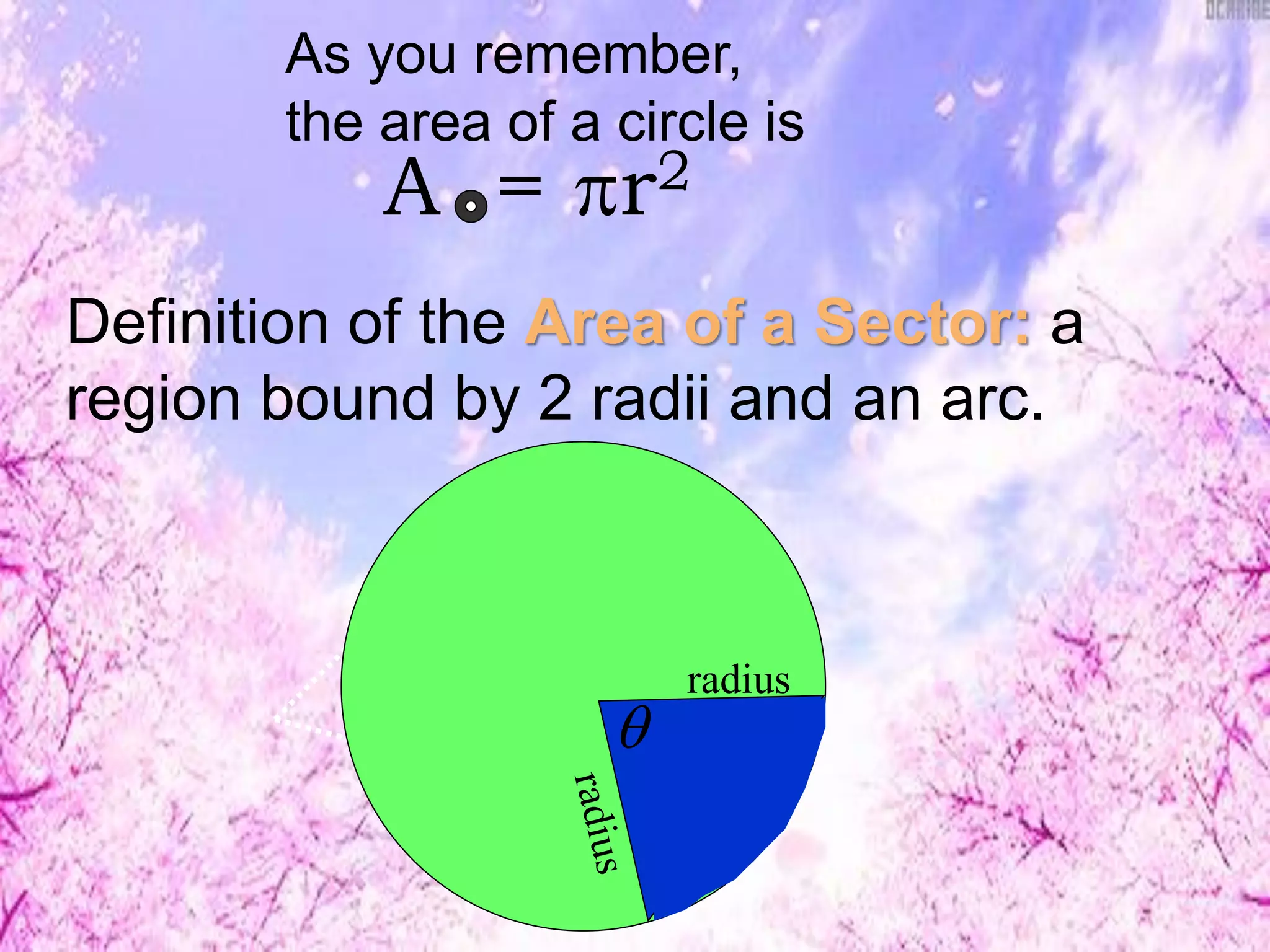 A = r2
Definition of the Area of a Sector: a
region bound by 2 radii and an arc.
O
As you remember,
the area of a circle is
radius

 