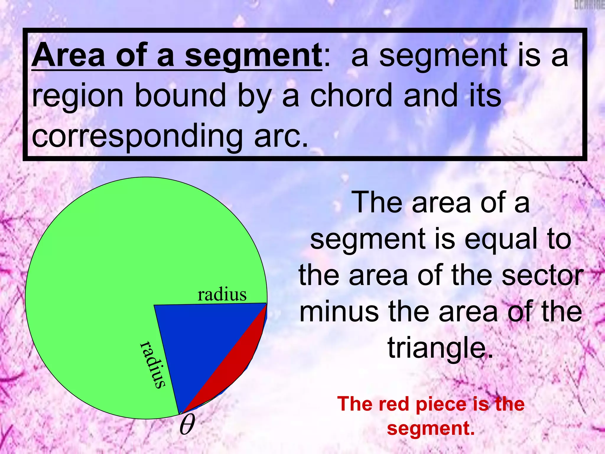 Area of a segment: a segment is a
region bound by a chord and its
corresponding arc.
The area of a
segment is equal to
the area of the sector
minus the area of the
triangle.
radius

The red piece is the
segment.
 