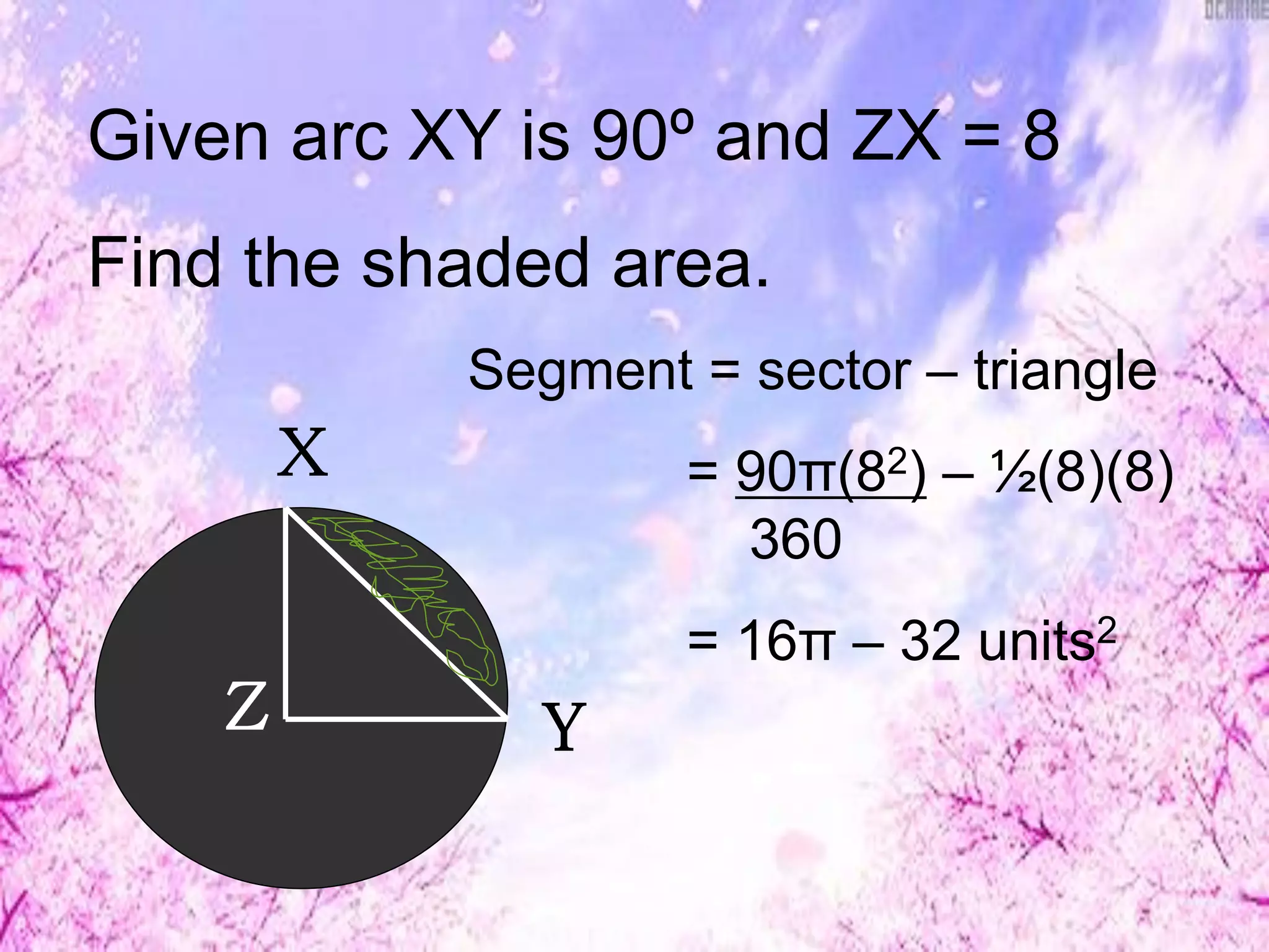 X
YZ
Given arc XY is 90º and ZX = 8
Find the shaded area.
Segment = sector – triangle
= 90π(82) – ½(8)(8)
360
= 16π – 32 units2
 