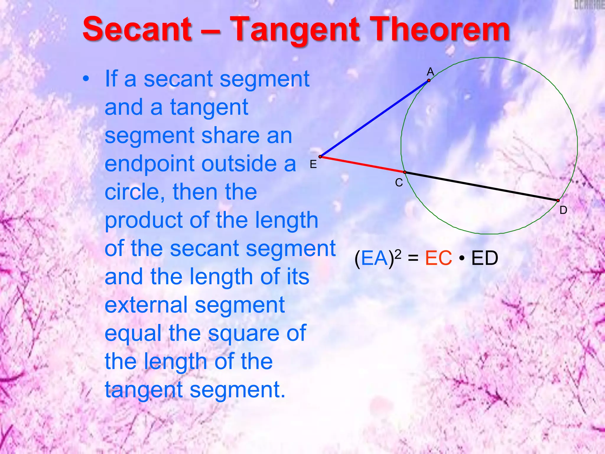 • If a secant segment
and a tangent
segment share an
endpoint outside a
circle, then the
product of the length
of the secant segment
and the length of its
external segment
equal the square of
the length of the
tangent segment.
(EA)2 = EC • ED
C
D
E
A
Secant – Tangent Theorem
 