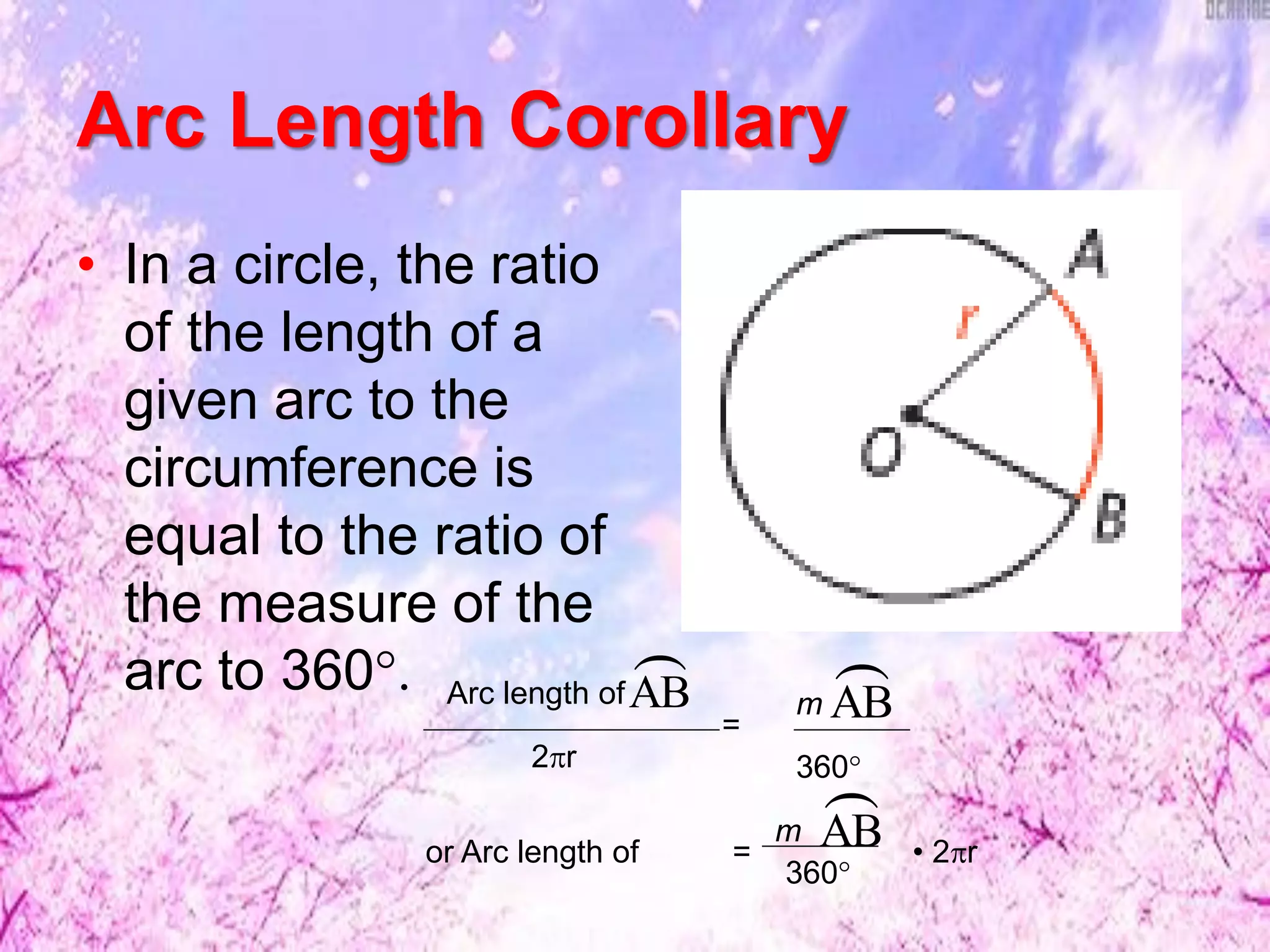 Arc Length Corollary
• In a circle, the ratio
of the length of a
given arc to the
circumference is
equal to the ratio of
the measure of the
arc to 360°. AB
Arc length of
2r
=
360°
or Arc length of =
360°
• 2r
m AB

AB
m
 