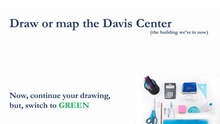 Draw or map the Davis Center
Now, continue your drawing,
but, switch to GREEN
(the building we’re in now)
 