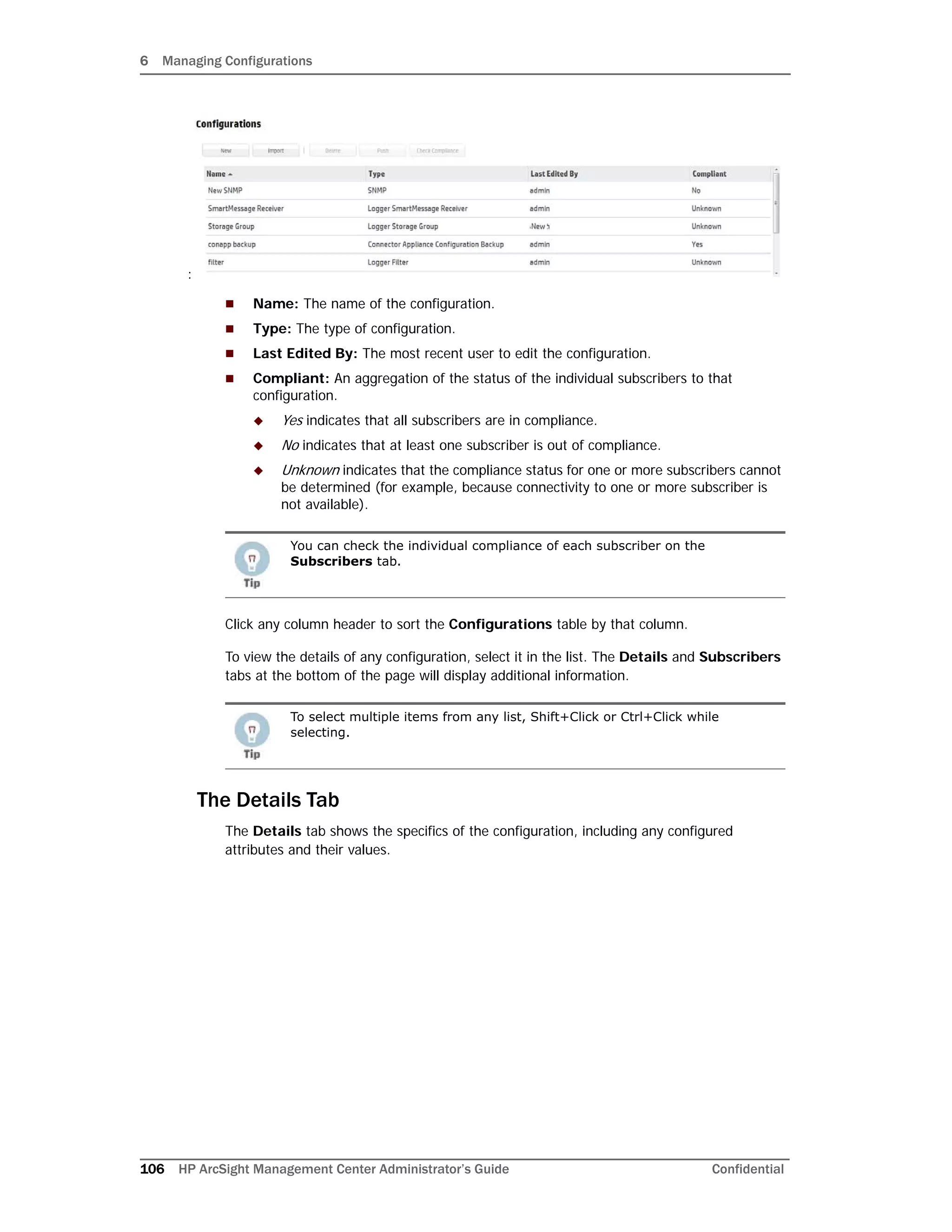 6 Managing Configurations
106 HP ArcSight Management Center Administrator’s Guide Confidential
:
 Name: The name of the configuration.
 Type: The type of configuration.
 Last Edited By: The most recent user to edit the configuration.
 Compliant: An aggregation of the status of the individual subscribers to that
configuration.
 Yes indicates that all subscribers are in compliance.
 No indicates that at least one subscriber is out of compliance.
 Unknown indicates that the compliance status for one or more subscribers cannot
be determined (for example, because connectivity to one or more subscriber is
not available).
Click any column header to sort the Configurations table by that column.
To view the details of any configuration, select it in the list. The Details and Subscribers
tabs at the bottom of the page will display additional information.
The Details Tab
The Details tab shows the specifics of the configuration, including any configured
attributes and their values.
You can check the individual compliance of each subscriber on the
Subscribers tab.
To select multiple items from any list, Shift+Click or Ctrl+Click while
selecting.
 