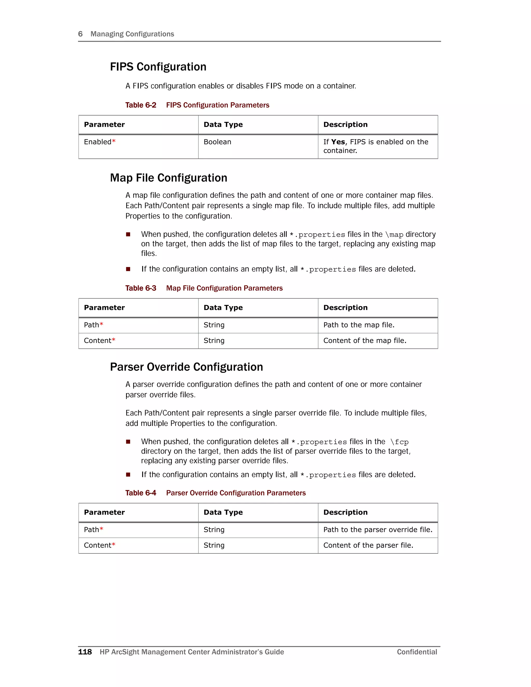 6 Managing Configurations
118 HP ArcSight Management Center Administrator’s Guide Confidential
FIPS Configuration
A FIPS configuration enables or disables FIPS mode on a container.
Map File Configuration
A map file configuration defines the path and content of one or more container map files.
Each Path/Content pair represents a single map file. To include multiple files, add multiple
Properties to the configuration.
 When pushed, the configuration deletes all *.properties files in the map directory
on the target, then adds the list of map files to the target, replacing any existing map
files.
 If the configuration contains an empty list, all *.properties files are deleted.
Parser Override Configuration
A parser override configuration defines the path and content of one or more container
parser override files.
Each Path/Content pair represents a single parser override file. To include multiple files,
add multiple Properties to the configuration.
 When pushed, the configuration deletes all *.properties files in the fcp
directory on the target, then adds the list of parser override files to the target,
replacing any existing parser override files.
 If the configuration contains an empty list, all *.properties files are deleted.
Table 6-2 FIPS Configuration Parameters
Parameter Data Type Description
Enabled* Boolean If Yes, FIPS is enabled on the
container.
Table 6-3 Map File Configuration Parameters
Parameter Data Type Description
Path* String Path to the map file.
Content* String Content of the map file.
Table 6-4 Parser Override Configuration Parameters
Parameter Data Type Description
Path* String Path to the parser override file.
Content* String Content of the parser file.
 