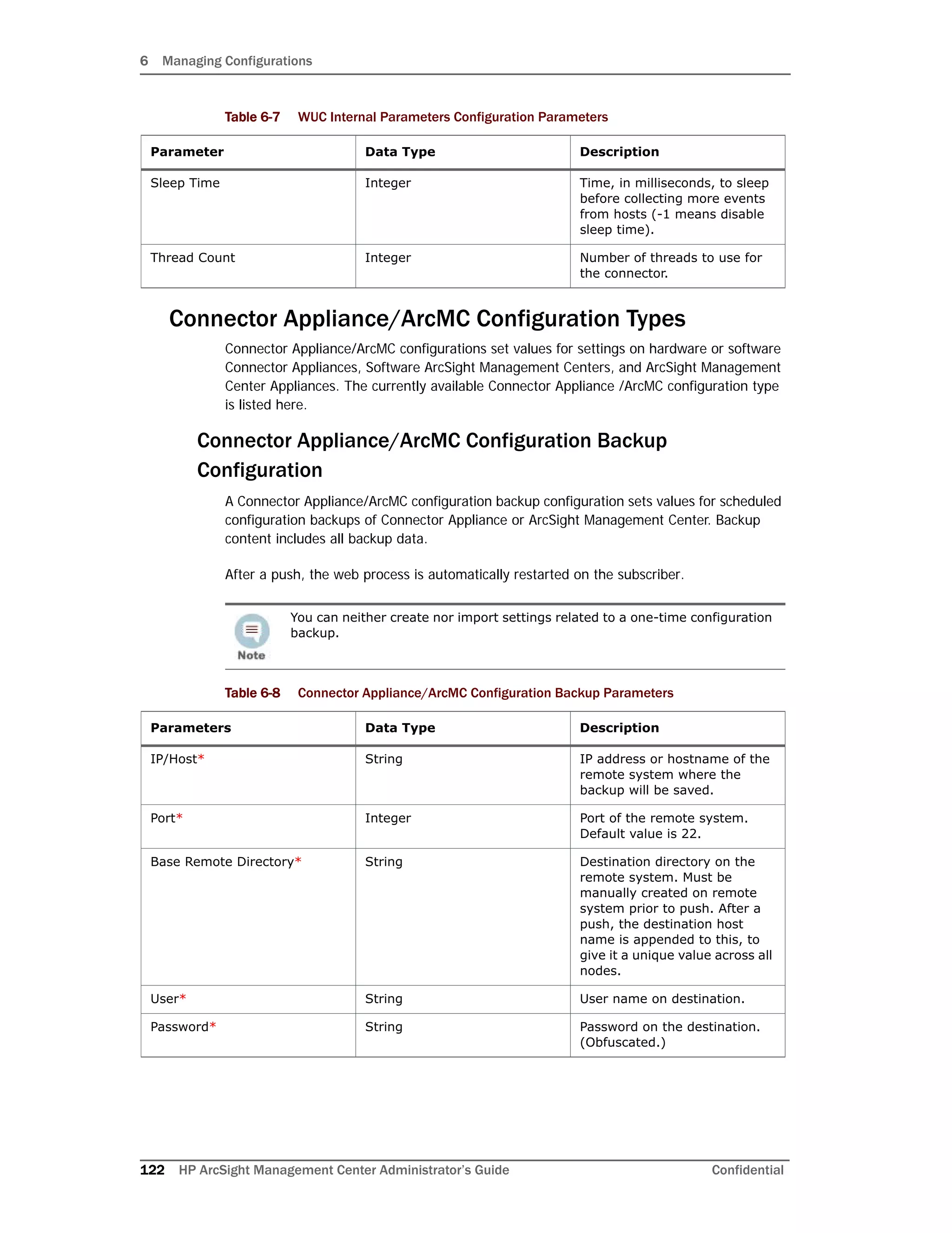 6 Managing Configurations
122 HP ArcSight Management Center Administrator’s Guide Confidential
Connector Appliance/ArcMC Configuration Types
Connector Appliance/ArcMC configurations set values for settings on hardware or software
Connector Appliances, Software ArcSight Management Centers, and ArcSight Management
Center Appliances. The currently available Connector Appliance /ArcMC configuration type
is listed here.
Connector Appliance/ArcMC Configuration Backup
Configuration
A Connector Appliance/ArcMC configuration backup configuration sets values for scheduled
configuration backups of Connector Appliance or ArcSight Management Center. Backup
content includes all backup data.
After a push, the web process is automatically restarted on the subscriber.
Sleep Time Integer Time, in milliseconds, to sleep
before collecting more events
from hosts (-1 means disable
sleep time).
Thread Count Integer Number of threads to use for
the connector.
You can neither create nor import settings related to a one-time configuration
backup.
Table 6-8 Connector Appliance/ArcMC Configuration Backup Parameters
Parameters Data Type Description
IP/Host* String IP address or hostname of the
remote system where the
backup will be saved.
Port* Integer Port of the remote system.
Default value is 22.
Base Remote Directory* String Destination directory on the
remote system. Must be
manually created on remote
system prior to push. After a
push, the destination host
name is appended to this, to
give it a unique value across all
nodes.
User* String User name on destination.
Password* String Password on the destination.
(Obfuscated.)
Table 6-7 WUC Internal Parameters Configuration Parameters
Parameter Data Type Description
 