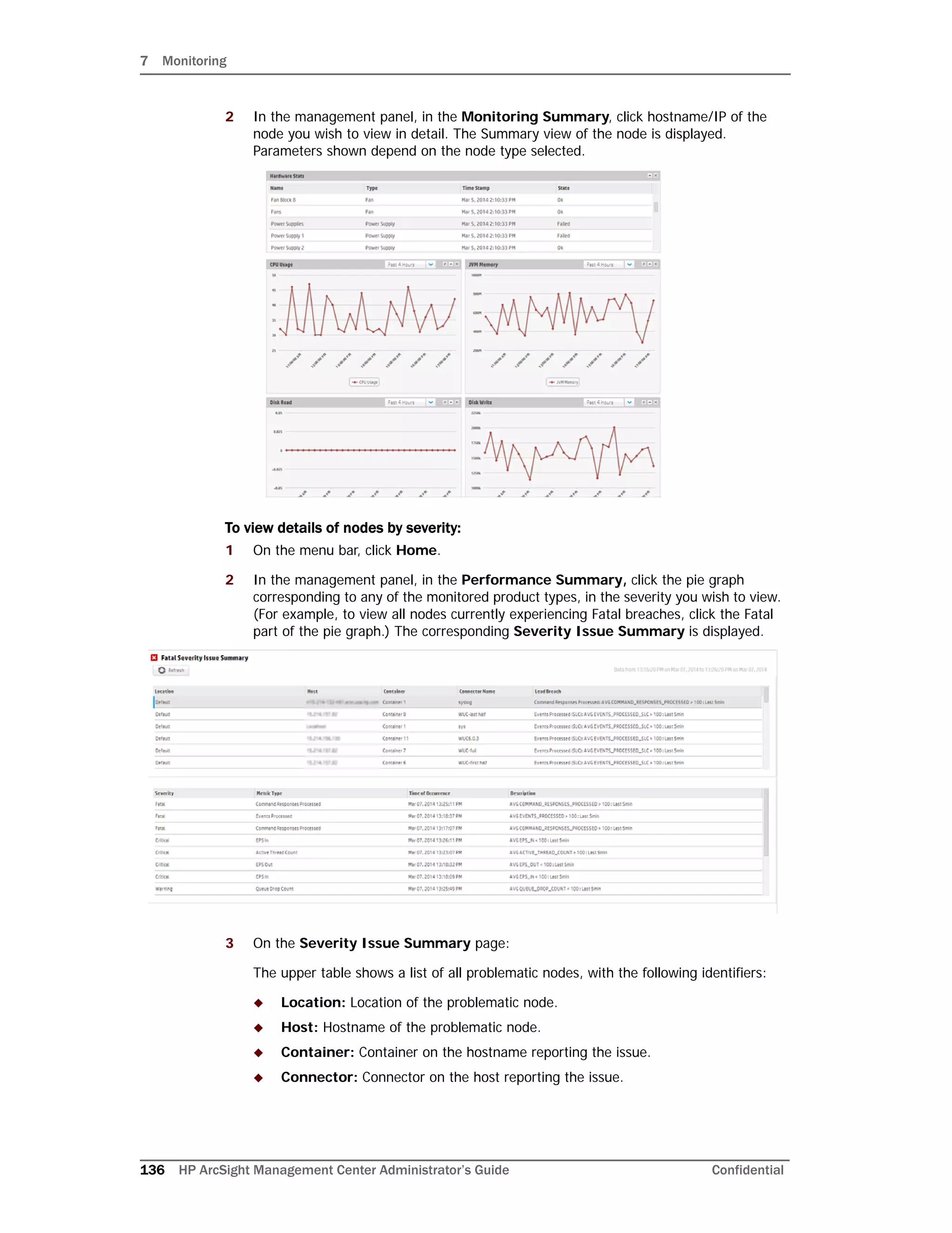 7 Monitoring
136 HP ArcSight Management Center Administrator’s Guide Confidential
2 In the management panel, in the Monitoring Summary, click hostname/IP of the
node you wish to view in detail. The Summary view of the node is displayed.
Parameters shown depend on the node type selected.
To view details of nodes by severity:
1 On the menu bar, click Home.
2 In the management panel, in the Performance Summary, click the pie graph
corresponding to any of the monitored product types, in the severity you wish to view.
(For example, to view all nodes currently experiencing Fatal breaches, click the Fatal
part of the pie graph.) The corresponding Severity Issue Summary is displayed.
3 On the Severity Issue Summary page:
The upper table shows a list of all problematic nodes, with the following identifiers:
 Location: Location of the problematic node.
 Host: Hostname of the problematic node.
 Container: Container on the hostname reporting the issue.
 Connector: Connector on the host reporting the issue.
 