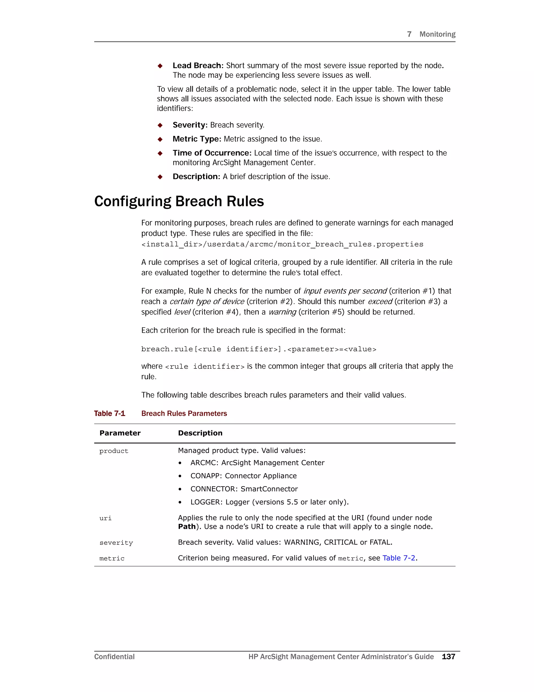 7 Monitoring
Confidential HP ArcSight Management Center Administrator’s Guide 137
 Lead Breach: Short summary of the most severe issue reported by the node.
The node may be experiencing less severe issues as well.
To view all details of a problematic node, select it in the upper table. The lower table
shows all issues associated with the selected node. Each issue is shown with these
identifiers:
 Severity: Breach severity.
 Metric Type: Metric assigned to the issue.
 Time of Occurrence: Local time of the issue’s occurrence, with respect to the
monitoring ArcSight Management Center.
 Description: A brief description of the issue.
Configuring Breach Rules
For monitoring purposes, breach rules are defined to generate warnings for each managed
product type. These rules are specified in the file:
<install_dir>/userdata/arcmc/monitor_breach_rules.properties
A rule comprises a set of logical criteria, grouped by a rule identifier. All criteria in the rule
are evaluated together to determine the rule’s total effect.
For example, Rule N checks for the number of input events per second (criterion #1) that
reach a certain type of device (criterion #2). Should this number exceed (criterion #3) a
specified level (criterion #4), then a warning (criterion #5) should be returned.
Each criterion for the breach rule is specified in the format:
breach.rule[<rule identifier>].<parameter>=<value>
where <rule identifier> is the common integer that groups all criteria that apply the
rule.
The following table describes breach rules parameters and their valid values.
Table 7-1 Breach Rules Parameters
Parameter Description
product Managed product type. Valid values:
• ARCMC: ArcSight Management Center
• CONAPP: Connector Appliance
• CONNECTOR: SmartConnector
• LOGGER: Logger (versions 5.5 or later only).
uri Applies the rule to only the node specified at the URI (found under node
Path). Use a node’s URI to create a rule that will apply to a single node.
severity Breach severity. Valid values: WARNING, CRITICAL or FATAL.
metric Criterion being measured. For valid values of metric, see Table 7-2.
 