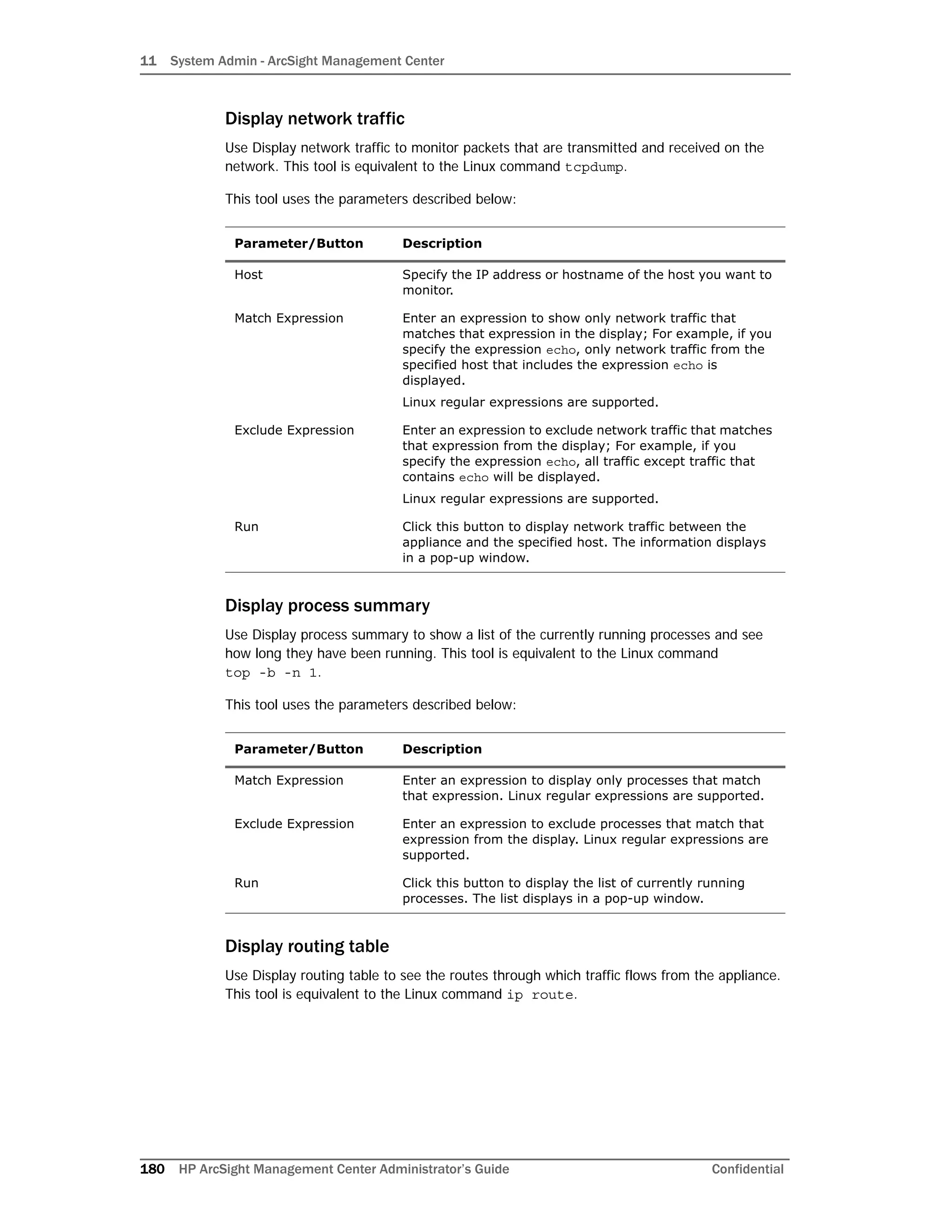 11 System Admin - ArcSight Management Center
180 HP ArcSight Management Center Administrator’s Guide Confidential
Display network traffic
Use Display network traffic to monitor packets that are transmitted and received on the
network. This tool is equivalent to the Linux command tcpdump.
This tool uses the parameters described below:
Display process summary
Use Display process summary to show a list of the currently running processes and see
how long they have been running. This tool is equivalent to the Linux command
top -b -n 1.
This tool uses the parameters described below:
Display routing table
Use Display routing table to see the routes through which traffic flows from the appliance.
This tool is equivalent to the Linux command ip route.
Parameter/Button Description
Host Specify the IP address or hostname of the host you want to
monitor.
Match Expression Enter an expression to show only network traffic that
matches that expression in the display; For example, if you
specify the expression echo, only network traffic from the
specified host that includes the expression echo is
displayed.
Linux regular expressions are supported.
Exclude Expression Enter an expression to exclude network traffic that matches
that expression from the display; For example, if you
specify the expression echo, all traffic except traffic that
contains echo will be displayed.
Linux regular expressions are supported.
Run Click this button to display network traffic between the
appliance and the specified host. The information displays
in a pop-up window.
Parameter/Button Description
Match Expression Enter an expression to display only processes that match
that expression. Linux regular expressions are supported.
Exclude Expression Enter an expression to exclude processes that match that
expression from the display. Linux regular expressions are
supported.
Run Click this button to display the list of currently running
processes. The list displays in a pop-up window.
 