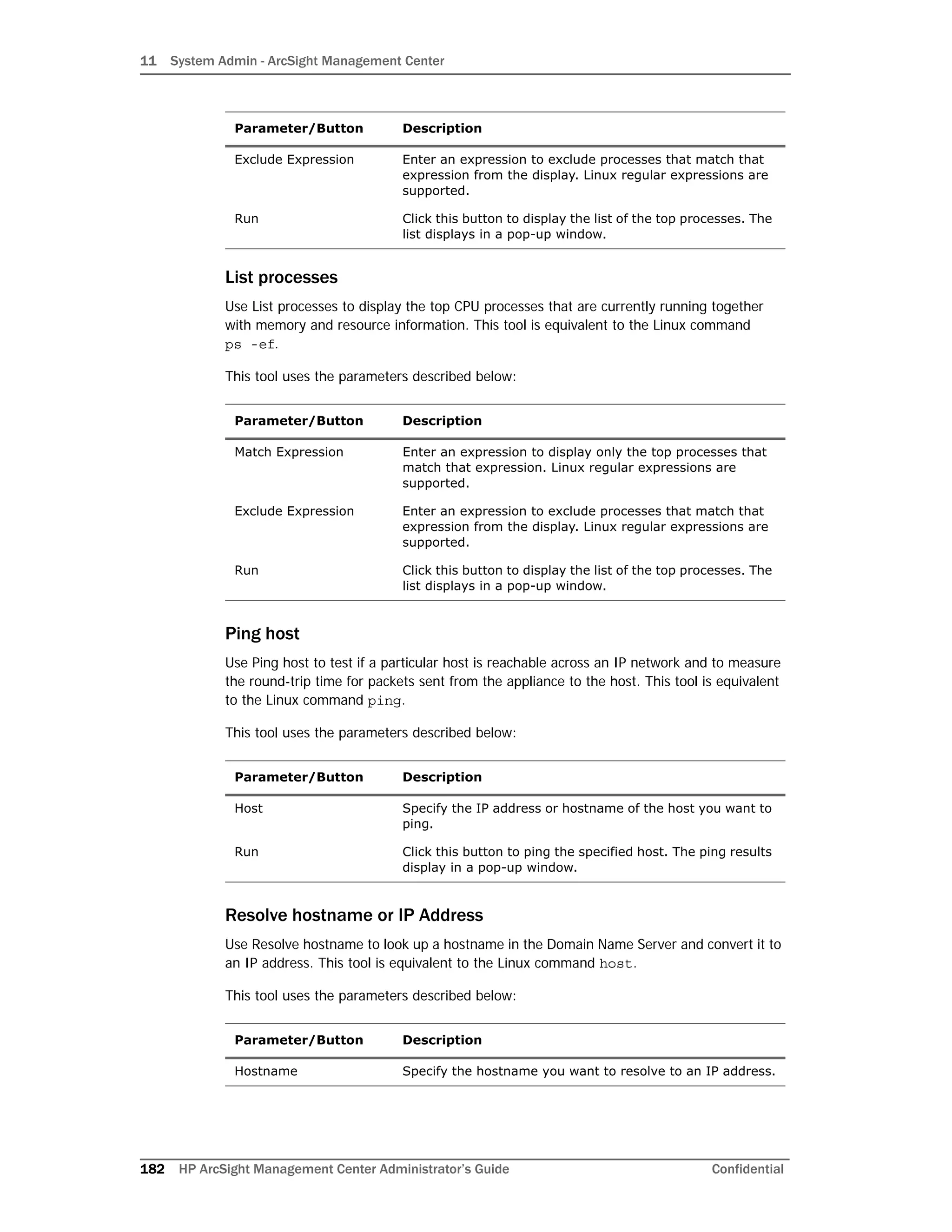 11 System Admin - ArcSight Management Center
182 HP ArcSight Management Center Administrator’s Guide Confidential
List processes
Use List processes to display the top CPU processes that are currently running together
with memory and resource information. This tool is equivalent to the Linux command
ps -ef.
This tool uses the parameters described below:
Ping host
Use Ping host to test if a particular host is reachable across an IP network and to measure
the round-trip time for packets sent from the appliance to the host. This tool is equivalent
to the Linux command ping.
This tool uses the parameters described below:
Resolve hostname or IP Address
Use Resolve hostname to look up a hostname in the Domain Name Server and convert it to
an IP address. This tool is equivalent to the Linux command host.
This tool uses the parameters described below:
Exclude Expression Enter an expression to exclude processes that match that
expression from the display. Linux regular expressions are
supported.
Run Click this button to display the list of the top processes. The
list displays in a pop-up window.
Parameter/Button Description
Match Expression Enter an expression to display only the top processes that
match that expression. Linux regular expressions are
supported.
Exclude Expression Enter an expression to exclude processes that match that
expression from the display. Linux regular expressions are
supported.
Run Click this button to display the list of the top processes. The
list displays in a pop-up window.
Parameter/Button Description
Host Specify the IP address or hostname of the host you want to
ping.
Run Click this button to ping the specified host. The ping results
display in a pop-up window.
Parameter/Button Description
Hostname Specify the hostname you want to resolve to an IP address.
Parameter/Button Description
 