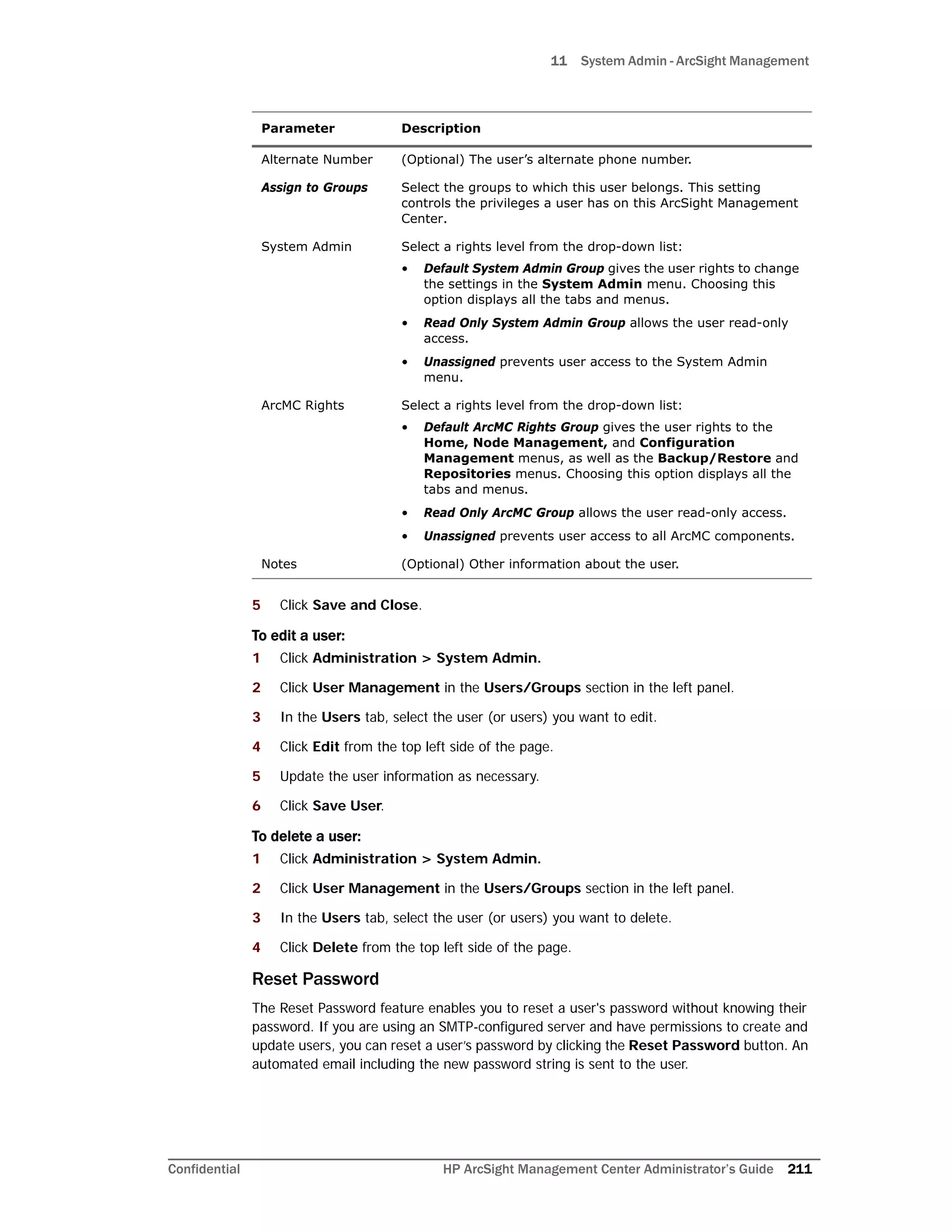 11 System Admin - ArcSight Management
Confidential HP ArcSight Management Center Administrator’s Guide 211
5 Click Save and Close.
To edit a user:
1 Click Administration > System Admin.
2 Click User Management in the Users/Groups section in the left panel.
3 In the Users tab, select the user (or users) you want to edit.
4 Click Edit from the top left side of the page.
5 Update the user information as necessary.
6 Click Save User.
To delete a user:
1 Click Administration > System Admin.
2 Click User Management in the Users/Groups section in the left panel.
3 In the Users tab, select the user (or users) you want to delete.
4 Click Delete from the top left side of the page.
Reset Password
The Reset Password feature enables you to reset a user's password without knowing their
password. If you are using an SMTP-configured server and have permissions to create and
update users, you can reset a user’s password by clicking the Reset Password button. An
automated email including the new password string is sent to the user.
Alternate Number (Optional) The user’s alternate phone number.
Assign to Groups Select the groups to which this user belongs. This setting
controls the privileges a user has on this ArcSight Management
Center.
System Admin Select a rights level from the drop-down list:
• Default System Admin Group gives the user rights to change
the settings in the System Admin menu. Choosing this
option displays all the tabs and menus.
• Read Only System Admin Group allows the user read-only
access.
• Unassigned prevents user access to the System Admin
menu.
ArcMC Rights Select a rights level from the drop-down list:
• Default ArcMC Rights Group gives the user rights to the
Home, Node Management, and Configuration
Management menus, as well as the Backup/Restore and
Repositories menus. Choosing this option displays all the
tabs and menus.
• Read Only ArcMC Group allows the user read-only access.
• Unassigned prevents user access to all ArcMC components.
Notes (Optional) Other information about the user.
Parameter Description
 