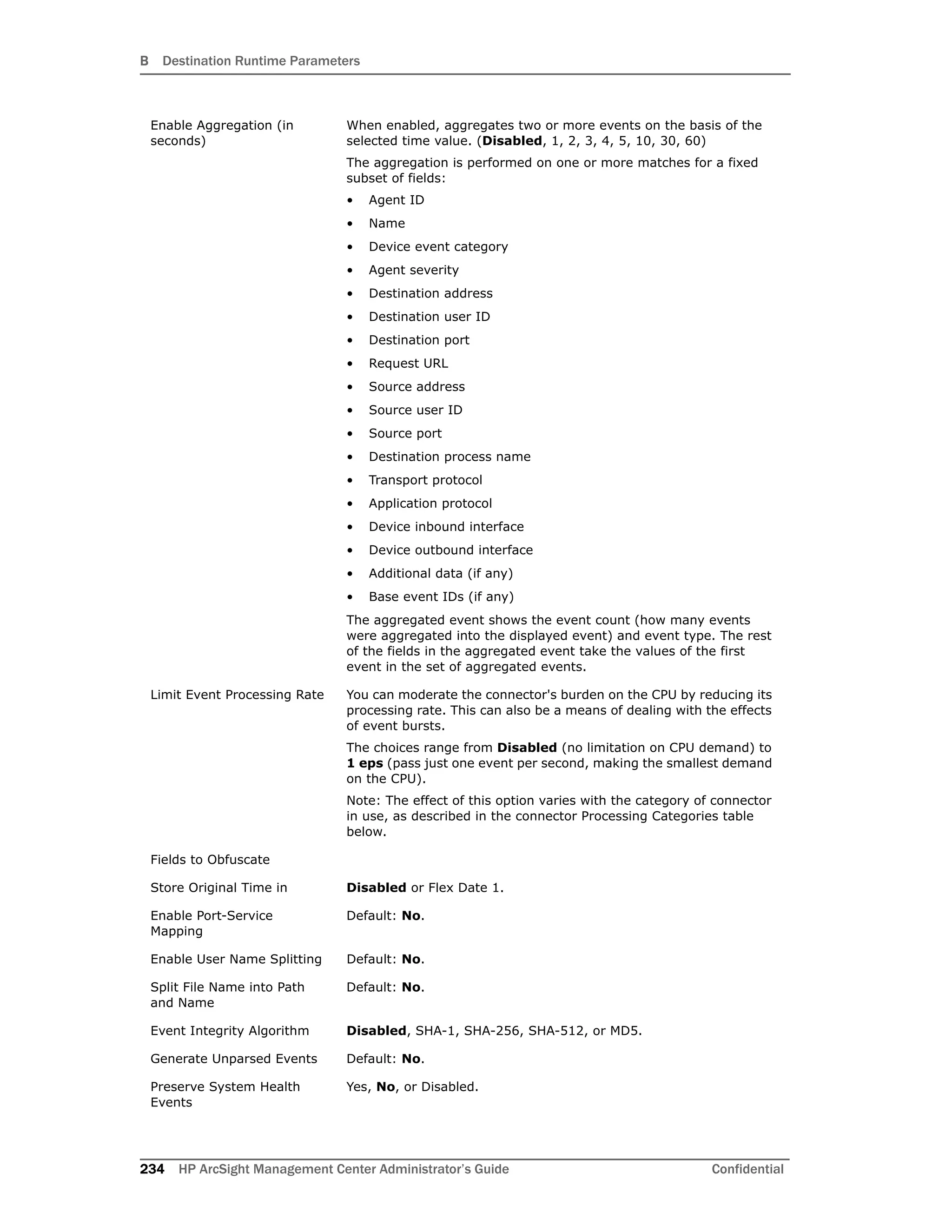 B Destination Runtime Parameters
234 HP ArcSight Management Center Administrator’s Guide Confidential
Enable Aggregation (in
seconds)
When enabled, aggregates two or more events on the basis of the
selected time value. (Disabled, 1, 2, 3, 4, 5, 10, 30, 60)
The aggregation is performed on one or more matches for a fixed
subset of fields:
• Agent ID
• Name
• Device event category
• Agent severity
• Destination address
• Destination user ID
• Destination port
• Request URL
• Source address
• Source user ID
• Source port
• Destination process name
• Transport protocol
• Application protocol
• Device inbound interface
• Device outbound interface
• Additional data (if any)
• Base event IDs (if any)
The aggregated event shows the event count (how many events
were aggregated into the displayed event) and event type. The rest
of the fields in the aggregated event take the values of the first
event in the set of aggregated events.
Limit Event Processing Rate You can moderate the connector's burden on the CPU by reducing its
processing rate. This can also be a means of dealing with the effects
of event bursts.
The choices range from Disabled (no limitation on CPU demand) to
1 eps (pass just one event per second, making the smallest demand
on the CPU).
Note: The effect of this option varies with the category of connector
in use, as described in the connector Processing Categories table
below.
Fields to Obfuscate
Store Original Time in Disabled or Flex Date 1.
Enable Port-Service
Mapping
Default: No.
Enable User Name Splitting Default: No.
Split File Name into Path
and Name
Default: No.
Event Integrity Algorithm Disabled, SHA-1, SHA-256, SHA-512, or MD5.
Generate Unparsed Events Default: No.
Preserve System Health
Events
Yes, No, or Disabled.
 