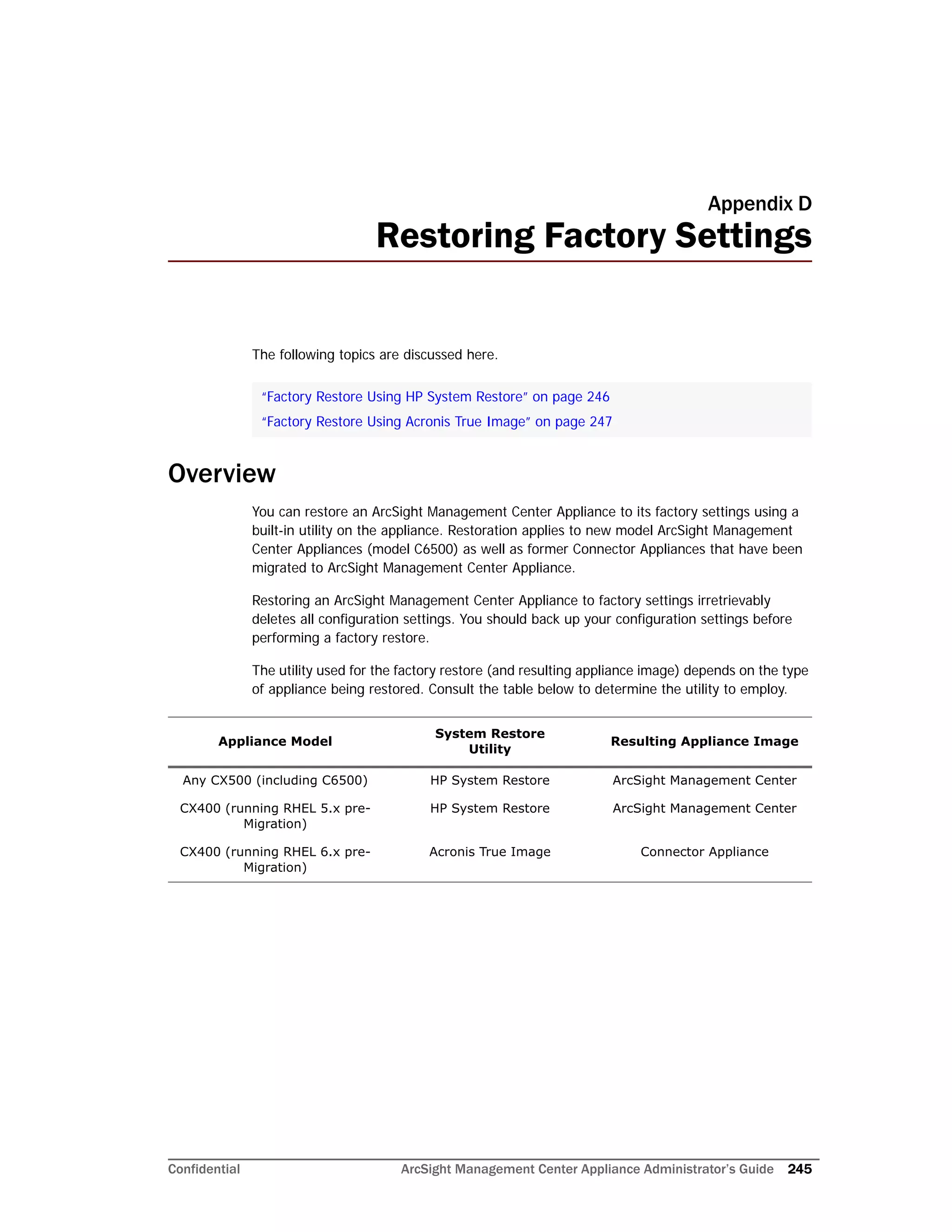 Confidential ArcSight Management Center Appliance Administrator’s Guide 245
Appendix D
Restoring Factory Settings
The following topics are discussed here.
Overview
You can restore an ArcSight Management Center Appliance to its factory settings using a
built-in utility on the appliance. Restoration applies to new model ArcSight Management
Center Appliances (model C6500) as well as former Connector Appliances that have been
migrated to ArcSight Management Center Appliance.
Restoring an ArcSight Management Center Appliance to factory settings irretrievably
deletes all configuration settings. You should back up your configuration settings before
performing a factory restore.
The utility used for the factory restore (and resulting appliance image) depends on the type
of appliance being restored. Consult the table below to determine the utility to employ.
“Factory Restore Using HP System Restore” on page 246
“Factory Restore Using Acronis True Image” on page 247
Appliance Model
System Restore
Utility
Resulting Appliance Image
Any CX500 (including C6500) HP System Restore ArcSight Management Center
CX400 (running RHEL 5.x pre-
Migration)
HP System Restore ArcSight Management Center
CX400 (running RHEL 6.x pre-
Migration)
Acronis True Image Connector Appliance
 