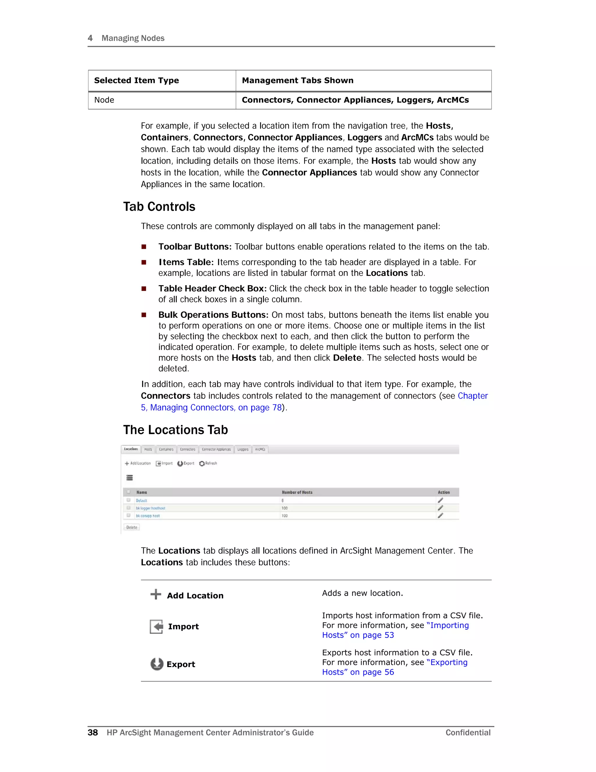 4 Managing Nodes
38 HP ArcSight Management Center Administrator’s Guide Confidential
For example, if you selected a location item from the navigation tree, the Hosts,
Containers, Connectors, Connector Appliances, Loggers and ArcMCs tabs would be
shown. Each tab would display the items of the named type associated with the selected
location, including details on those items. For example, the Hosts tab would show any
hosts in the location, while the Connector Appliances tab would show any Connector
Appliances in the same location.
Tab Controls
These controls are commonly displayed on all tabs in the management panel:
 Toolbar Buttons: Toolbar buttons enable operations related to the items on the tab.
 Items Table: Items corresponding to the tab header are displayed in a table. For
example, locations are listed in tabular format on the Locations tab.
 Table Header Check Box: Click the check box in the table header to toggle selection
of all check boxes in a single column.
 Bulk Operations Buttons: On most tabs, buttons beneath the items list enable you
to perform operations on one or more items. Choose one or multiple items in the list
by selecting the checkbox next to each, and then click the button to perform the
indicated operation. For example, to delete multiple items such as hosts, select one or
more hosts on the Hosts tab, and then click Delete. The selected hosts would be
deleted.
In addition, each tab may have controls individual to that item type. For example, the
Connectors tab includes controls related to the management of connectors (see Chapter
5‚ Managing Connectors‚ on page 78).
The Locations Tab
The Locations tab displays all locations defined in ArcSight Management Center. The
Locations tab includes these buttons:
Node Connectors, Connector Appliances, Loggers, ArcMCs
Add Location Adds a new location.
Import
Imports host information from a CSV file.
For more information, see “Importing
Hosts” on page 53
Export
Exports host information to a CSV file.
For more information, see “Exporting
Hosts” on page 56
Selected Item Type Management Tabs Shown
 