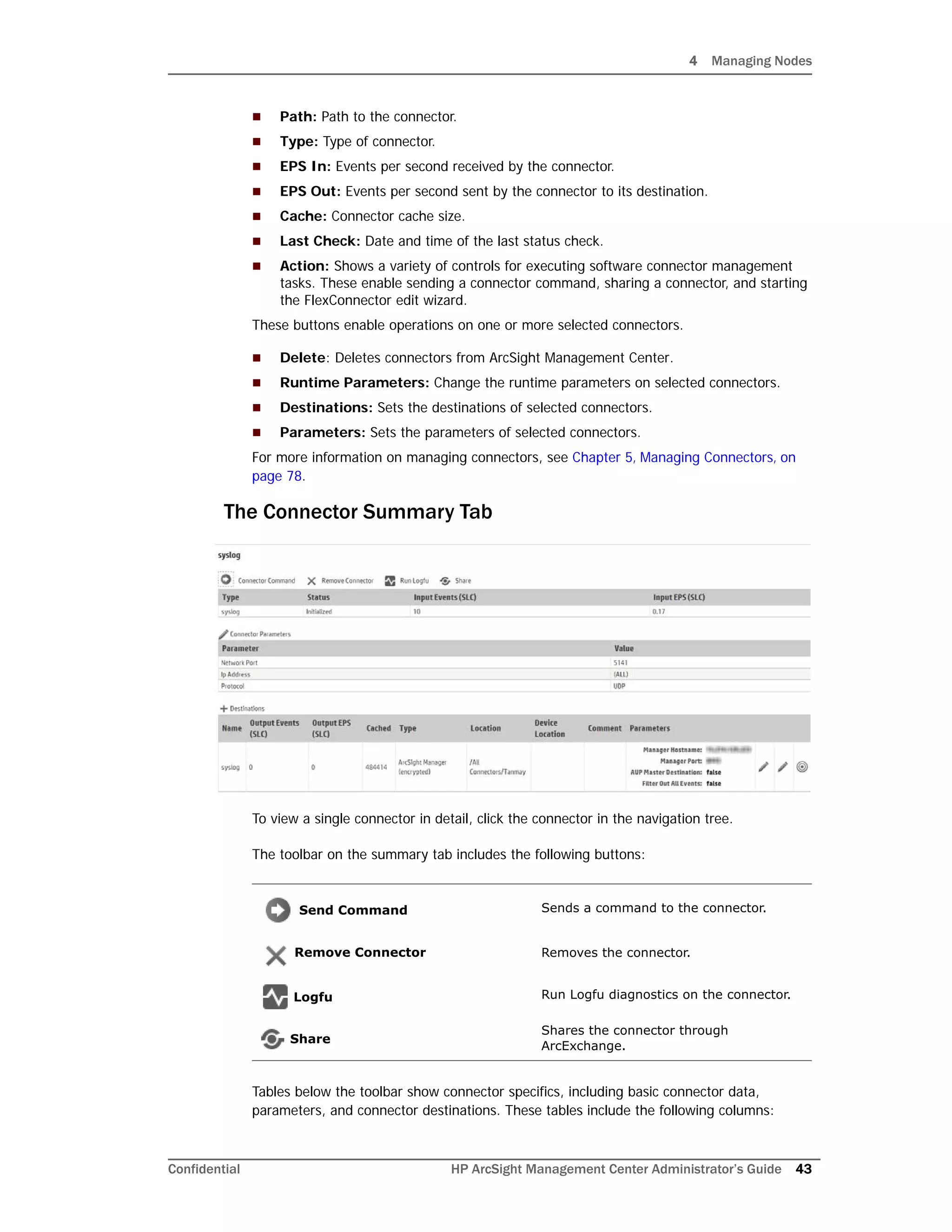 4 Managing Nodes
Confidential HP ArcSight Management Center Administrator’s Guide 43
 Path: Path to the connector.
 Type: Type of connector.
 EPS In: Events per second received by the connector.
 EPS Out: Events per second sent by the connector to its destination.
 Cache: Connector cache size.
 Last Check: Date and time of the last status check.
 Action: Shows a variety of controls for executing software connector management
tasks. These enable sending a connector command, sharing a connector, and starting
the FlexConnector edit wizard.
These buttons enable operations on one or more selected connectors.
 Delete: Deletes connectors from ArcSight Management Center.
 Runtime Parameters: Change the runtime parameters on selected connectors.
 Destinations: Sets the destinations of selected connectors.
 Parameters: Sets the parameters of selected connectors.
For more information on managing connectors, see Chapter 5‚ Managing Connectors‚ on
page 78.
The Connector Summary Tab
To view a single connector in detail, click the connector in the navigation tree.
The toolbar on the summary tab includes the following buttons:
Tables below the toolbar show connector specifics, including basic connector data,
parameters, and connector destinations. These tables include the following columns:
Send Command Sends a command to the connector.
Remove Connector Removes the connector.
Logfu Run Logfu diagnostics on the connector.
Share
Shares the connector through
ArcExchange.
 