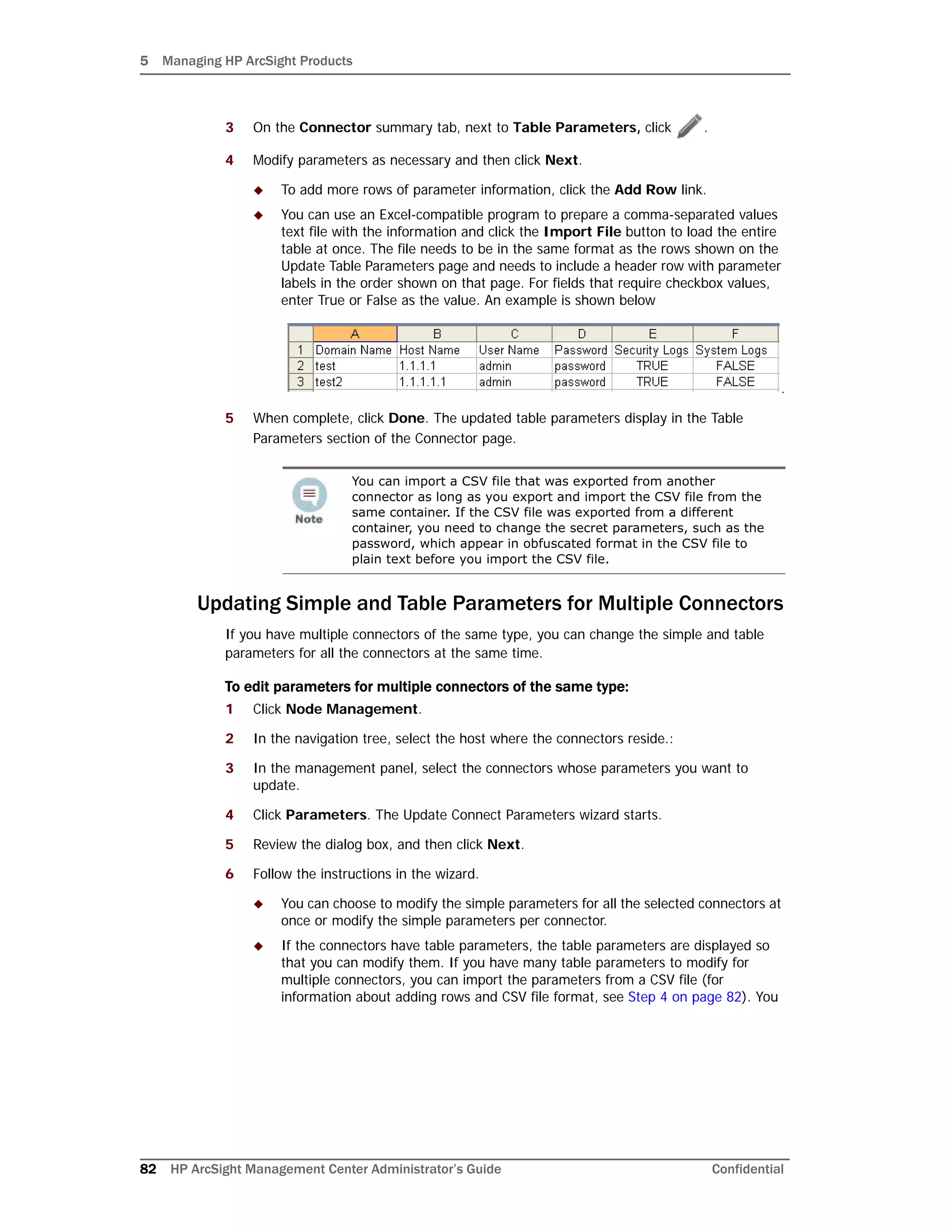 5 Managing HP ArcSight Products
82 HP ArcSight Management Center Administrator’s Guide Confidential
3 On the Connector summary tab, next to Table Parameters, click .
4 Modify parameters as necessary and then click Next.
 To add more rows of parameter information, click the Add Row link.
 You can use an Excel-compatible program to prepare a comma-separated values
text file with the information and click the Import File button to load the entire
table at once. The file needs to be in the same format as the rows shown on the
Update Table Parameters page and needs to include a header row with parameter
labels in the order shown on that page. For fields that require checkbox values,
enter True or False as the value. An example is shown below
.
5 When complete, click Done. The updated table parameters display in the Table
Parameters section of the Connector page.
Updating Simple and Table Parameters for Multiple Connectors
If you have multiple connectors of the same type, you can change the simple and table
parameters for all the connectors at the same time.
To edit parameters for multiple connectors of the same type:
1 Click Node Management.
2 In the navigation tree, select the host where the connectors reside.:
3 In the management panel, select the connectors whose parameters you want to
update.
4 Click Parameters. The Update Connect Parameters wizard starts.
5 Review the dialog box, and then click Next.
6 Follow the instructions in the wizard.
 You can choose to modify the simple parameters for all the selected connectors at
once or modify the simple parameters per connector.
 If the connectors have table parameters, the table parameters are displayed so
that you can modify them. If you have many table parameters to modify for
multiple connectors, you can import the parameters from a CSV file (for
information about adding rows and CSV file format, see Step 4 on page 82). You
You can import a CSV file that was exported from another
connector as long as you export and import the CSV file from the
same container. If the CSV file was exported from a different
container, you need to change the secret parameters, such as the
password, which appear in obfuscated format in the CSV file to
plain text before you import the CSV file.
 