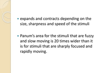  expands and contracts depending on the
size, sharpness and speed of the stimuli
 Panum’s area for the stimuli that are fuzzy
and slow moving is 20 times wider than it
is for stimuli that are sharply focused and
rapidly moving.
 