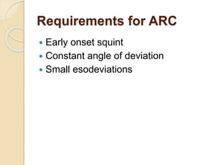 Requirements for ARC
 Early onset squint
 Constant angle of deviation
 Small esodeviations
 