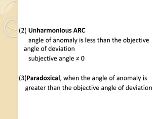 (2) Unharmonious ARC
angle of anomaly is less than the objective
angle of deviation
subjective angle ≠ 0
(3)Paradoxical, when the angle of anomaly is
greater than the objective angle of deviation
 