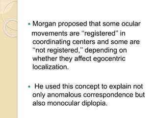  Morgan proposed that some ocular
movements are ‘‘registered’’ in
coordinating centers and some are
‘‘not registered,’’ depending on
whether they affect egocentric
localization.
 He used this concept to explain not
only anomalous correspondence but
also monocular diplopia.
 