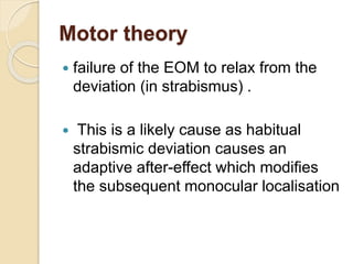 Motor theory
 failure of the EOM to relax from the
deviation (in strabismus) .
 This is a likely cause as habitual
strabismic deviation causes an
adaptive after-effect which modifies
the subsequent monocular localisation
 