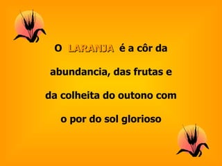 O  LARANJA  é a côr da abundancia, das frutas e da colheita do outono com o por do sol glorioso 