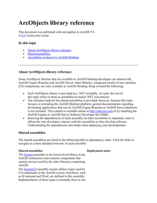ArcObjects library reference
This document was published with and applies to ArcGIS 9.3.
A 9.2 version also exists.
In this topic
About ArcObjects library reference
Shared assemblies
Assemblies exclusive to ArcGIS Desktop
About ArcObjects library reference
Some ArcObjects libraries that are available to ArcGIS Desktop developers are shared with
ArcGIS Engine Runtime and ArcGIS Server; other libraries, composed mostly of user interface
(UI) components, are only available in ArcGIS Desktop. Keep in mind the following:
Each ArcObjects library is provided as a .NET assembly. As such, the rest of
this topic refers to them as assemblies to match .NET conventions.
The reference help for the shared assemblies is provided; however, because this topic
focuses on extending the ArcGIS Desktop platform, general documentation regarding
developing applications that run on ArcGIS Engine Runtime or ArcGIS Server platforms
is not included. This content is available online at http://edn.esri.com or by installing the
ArcGIS Engine or ArcGIS Server Software Developer Kit (SDK).
Knowing the dependencies of each assembly on other assemblies is important, since it
affects the way developers interact with the assemblies as they develop software.
Understanding the dependencies also helps when deploying your developments.
Shared assemblies
The shared assemblies are listed in the following table in dependency order. Click the links to
navigate to a more detailed overview of each assembly:
Shared assemblies Deployment notes
The System assembly is the lowest-level library in the
ArcGIS architecture and contains components that
expose services used by the other libraries comprising
ArcGIS.
The SystemUI assembly mainly defines types used by
UI components in the ArcGIS system. Interfaces, such
as ICommand and ITool, are defined in this assembly.
Implementation of these types is normally done in one
 