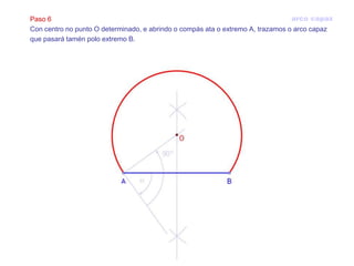 Paso 6                                                                           arco capaz
Con centro no punto O determinado, e abrindo o compás ata o extremo A, trazamos o arco capaz
que pasará tamén polo extremo B.
 