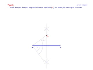 Paso 5                                                                               arco capaz
O punto de corte da recta perpendicular coa mediatriz (O) é o centro do arco capaz buscado.
 