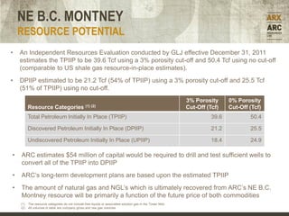NE B.C. MONTNEY
    RESOURCE POTENTIAL
•   An Independent Resources Evaluation conducted by GLJ effective December 31, 2011
    estimates the TPIIP to be 39.6 Tcf using a 3% porosity cut-off and 50.4 Tcf using no cut-off
    (comparable to US shale gas resource-in-place estimates).
•   DPIIP estimated to be 21.2 Tcf (54% of TPIIP) using a 3% porosity cut-off and 25.5 Tcf
    (51% of TPIIP) using no cut-off.
                                                                                                             3% Porosity      0% Porosity
        Resource Categories (1) (2)                                                                          Cut-Off (Tcf)    Cut-Off (Tcf)
        Total Petroleum Initially In Place (TPIIP)                                                                     39.6           50.4

        Discovered Petroleum Initially In Place (DPIIP)                                                                21.2           25.5

        Undiscovered Petroleum Initially In Place (UPIIP)                                                              18.4           24.9

•   ARC estimates $54 million of capital would be required to drill and test sufficient wells to
    convert all of the TPIIP into DPIIP
•   ARC’s long-term development plans are based upon the estimated TPIIP
•   The amount of natural gas and NGL’s which is ultimately recovered from ARC’s NE B.C.
    Montney resource will be primarily a function of the future price of both commodities
    (1) The resource categories do not include free liquids or associated solution gas in the Tower field.
    (2) All volumes in table are company gross and raw gas volumes.
 