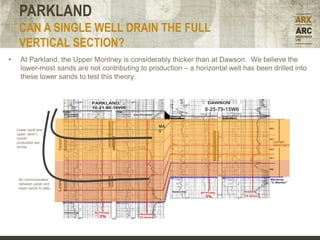 PARKLAND
     CAN A SINGLE WELL DRAIN THE FULL
     VERTICAL SECTION?
•     At Parkland, the Upper Montney is considerably thicker than at Dawson. We believe the
      lower-most sands are not contributing to production – a horizontal well has been drilled into
      these lower sands to test this theory.



                                                                 8-25-79-15W6


                                                  MA
    Lower sand and                                5
    upper sand 1
    month
                           Sands
                           Upper




    production are
    similar
                           Sands




     No communication
                           Lower




     between upper and
     lower sands to date
 