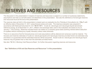 RESERVES AND RESOURCES
The discussion in this presentation in respect of reserves and resources is subject to a number of cautionary statements,
assumptions and risks as set forth below and elsewhere in this presentation. See also the definitions of oil and gas reserves
and resources found at the end of this presentation.
The reserves data set forth in this presentation is based upon an evaluation by GLJ Petroleum Consultants Ltd. ("GLJ") with
an effective date of December 31, 2011 using forecast prices and costs. The reserves evaluation was prepared in
accordance with National Instrument 51-101 ("NI 51-101"). Crude oil, natural gas and natural gas liquids benchmark
reference pricing, as at December 31, 2011, inflation and exchange rates used in the evaluation are based on GLJ's
January 1, 2012 pricing. Reserves included herein are stated on a company gross basis (working interest before deduction
of royalties without including any royalty interests) unless noted otherwise.
There is no assurance that the forecast prices and costs assumptions will be attained and variances could be material. The
recovery and reserves estimates of crude oil, natural gas liquids and natural gas reserves provided herein are estimates only
and there is no guarantee that the estimated reserves will be recovered. Actual crude oil, natural gas and natural gas liquid
reserves may be greater than or less than the estimates provided herein.
See also ”NE B.C. Montney Vast Resource Base”, for further discussion regarding reserves and resources.



 See “Definitions of Oil and Gas Reserves and Resources” in this presentation.
 
