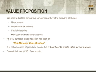 VALUE PROPOSITION
•   We believe that top performing companies all have the following attributes:
     – Great assets
     – Operational excellence
     – Capital discipline
     – Management that delivers results
•   At ARC our focus since inception has been on
          “Risk Managed Value Creation”
•   It is not a question of growth or income but of how best to create value for our owners
•   Current dividend of $0.10 per month
 