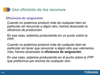 Eficiencia de asignación
Cuando no podemos producir más de cualquier bien en
particular sin renunciar a algún otro, hemos alcanzado la
eficiencia de producción.
En ese caso, estamos produciendo en un punto sobre la
FPP.
Cuando no podemos producir más de cualquier bien en
particular sin tener que renunciar a algún otro que valoramos
más, hemos alcanzado la eficiencia de asignación.
En ese caso, estamos produciendo en el punto sobre la FPP
que preferimos por encima de cualquier otro.
Uso eficiente de los recursos
2-28
 