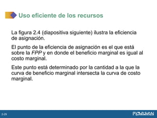La figura 2.4 (diapositiva siguiente) ilustra la eficiencia
de asignación.
El punto de la eficiencia de asignación es el que está
sobre la FPP y en donde el beneficio marginal es igual al
costo marginal.
Este punto está determinado por la cantidad a la que la
curva de beneficio marginal intersecta la curva de costo
marginal.
Uso eficiente de los recursos
2-29
 